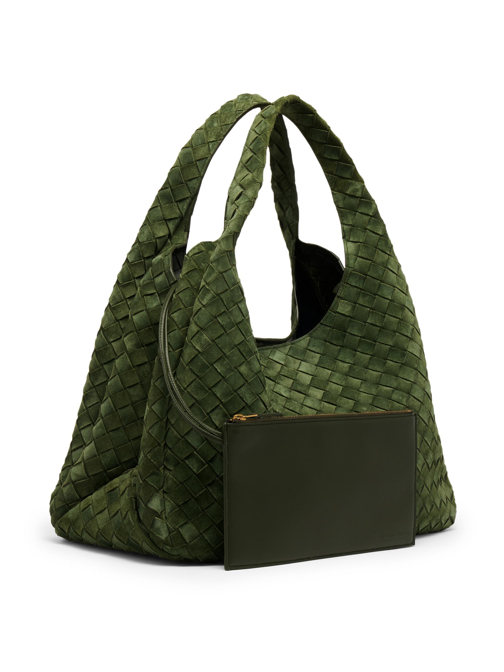 Bottega Veneta Women's  Campana Intrecciato Suede Shoulder Bag - Green Tweed Brass | Thumbnail 8