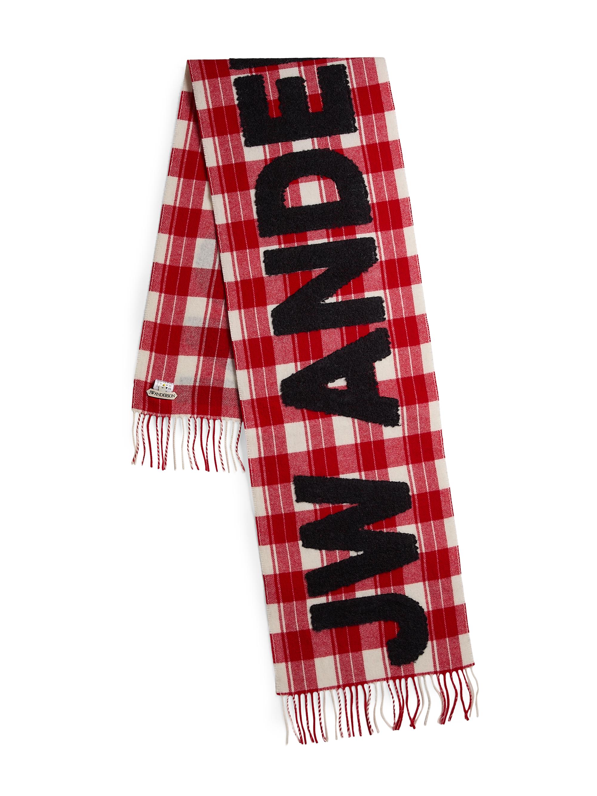 JW Anderson Men's Contrast Logo Plaid Wool-Blend Scarf - Red White