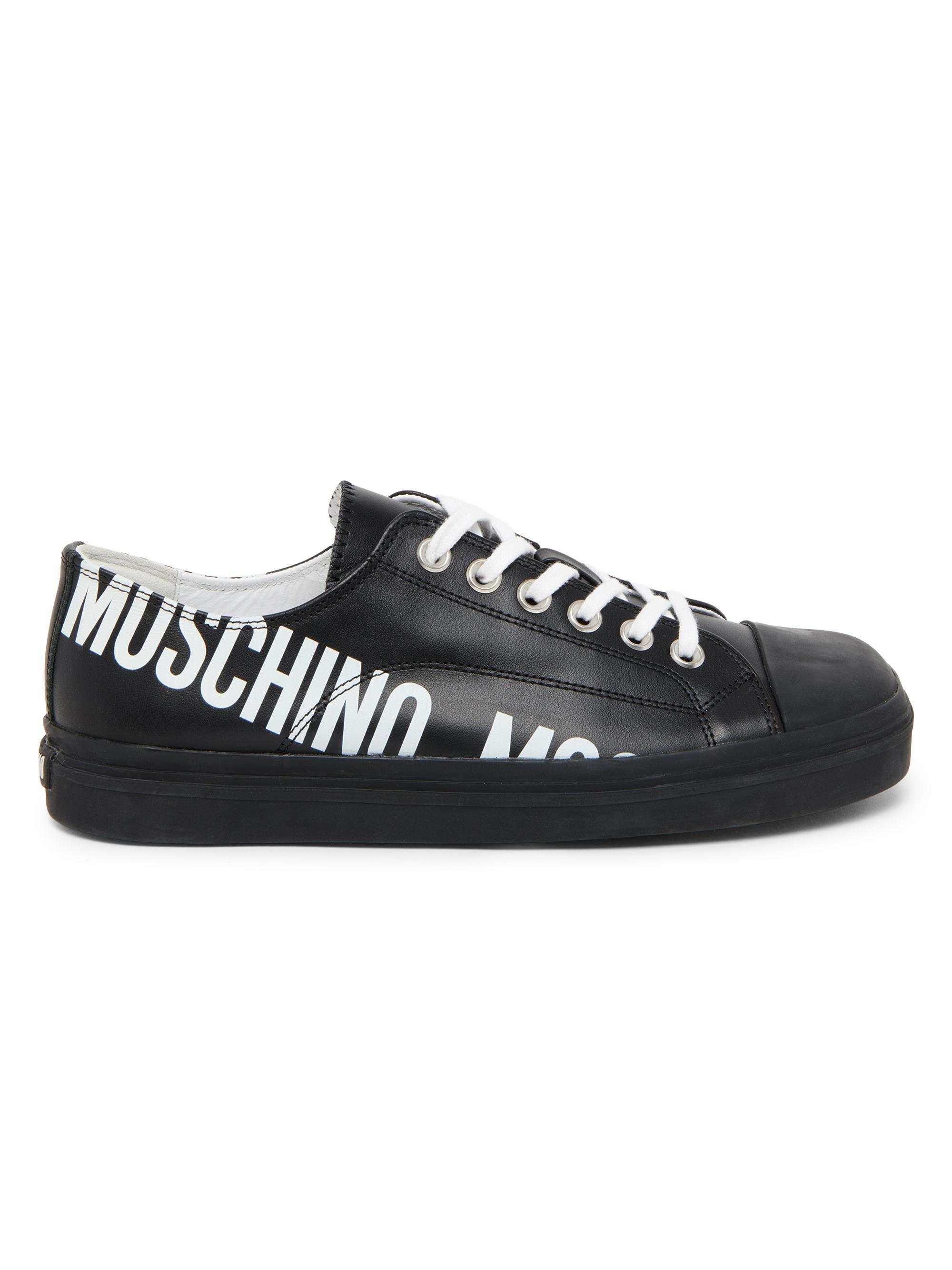 Moschino Men's Logo Leather Low-Top Sneakers - Black White