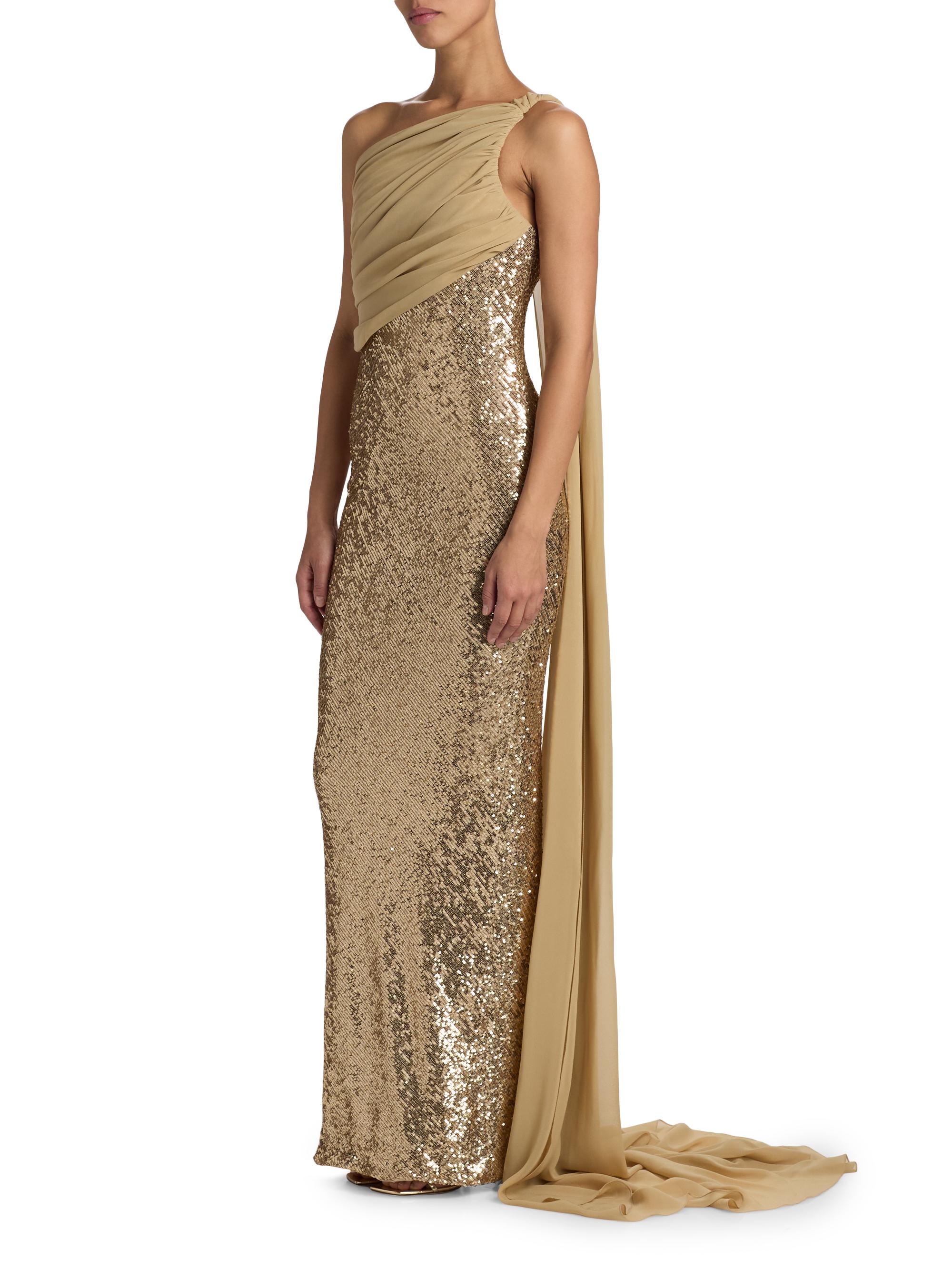 Pamella Roland Women's Sequined Chiffon One-Shoulder Gown - Gold - Size 2