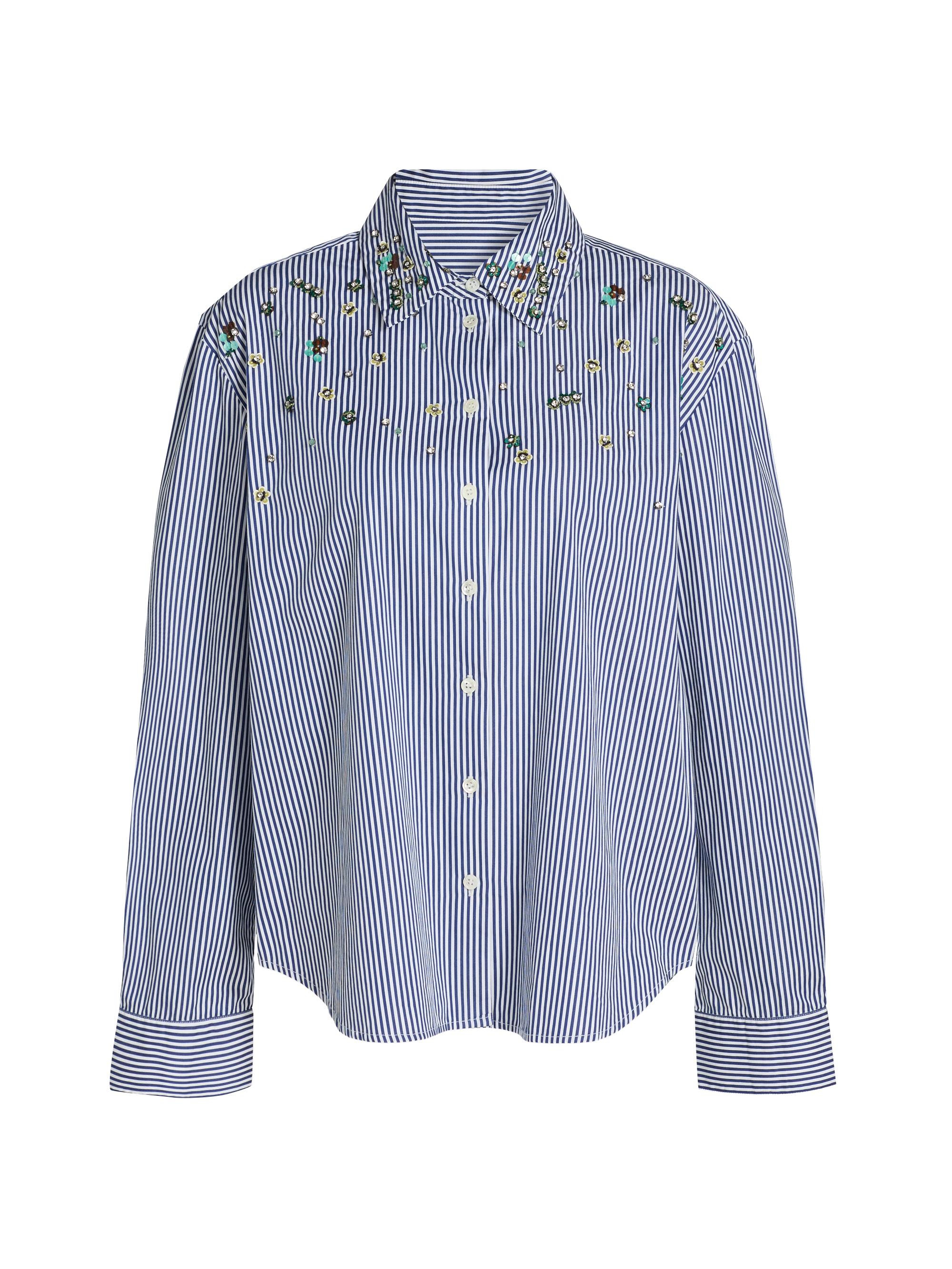 Tanya Taylor Women's Margaux Embellished Striped Cotton Top - Blue Optic White