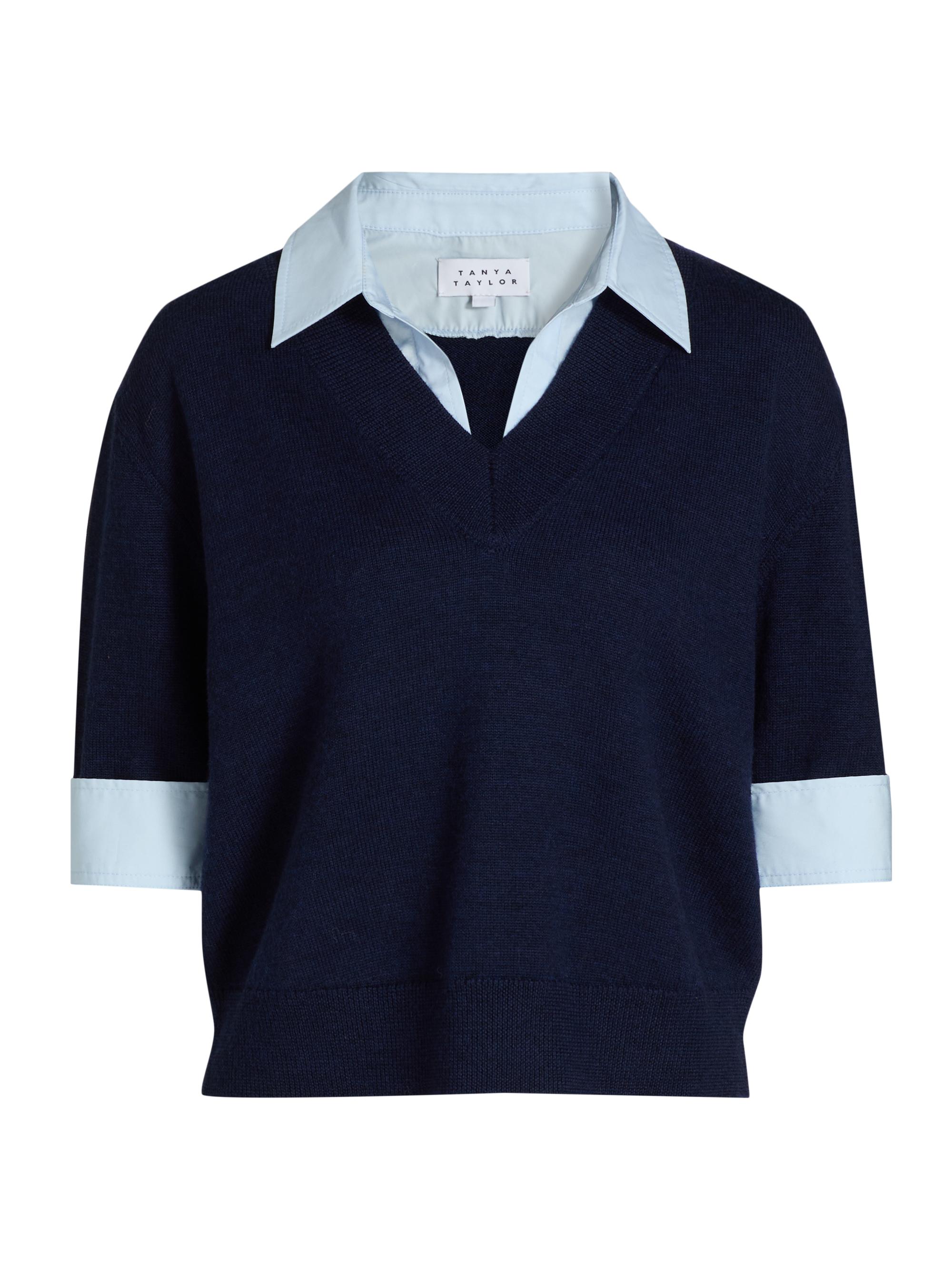 Tanya Taylor Women's Esme Sweater Combo Top - Maritime Blue Melange Oxford