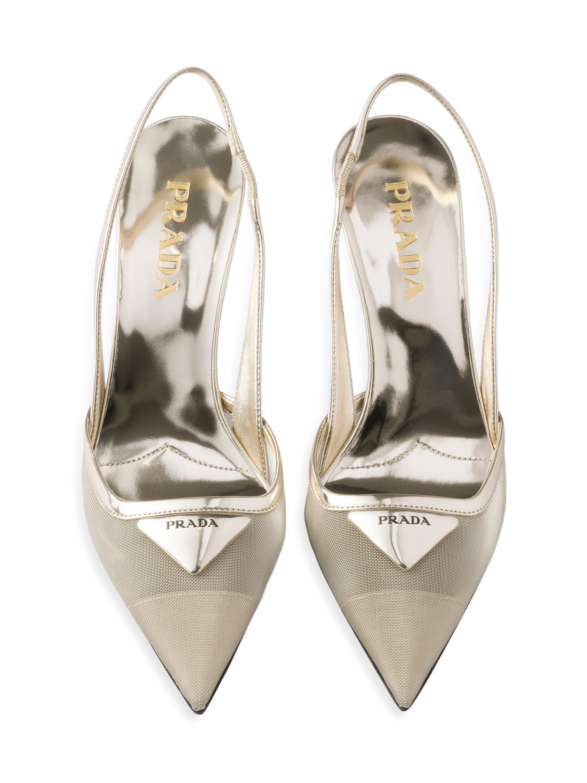 Prada Women's Mesh Fabric Slingback Pumps - Gold - back view in Gold