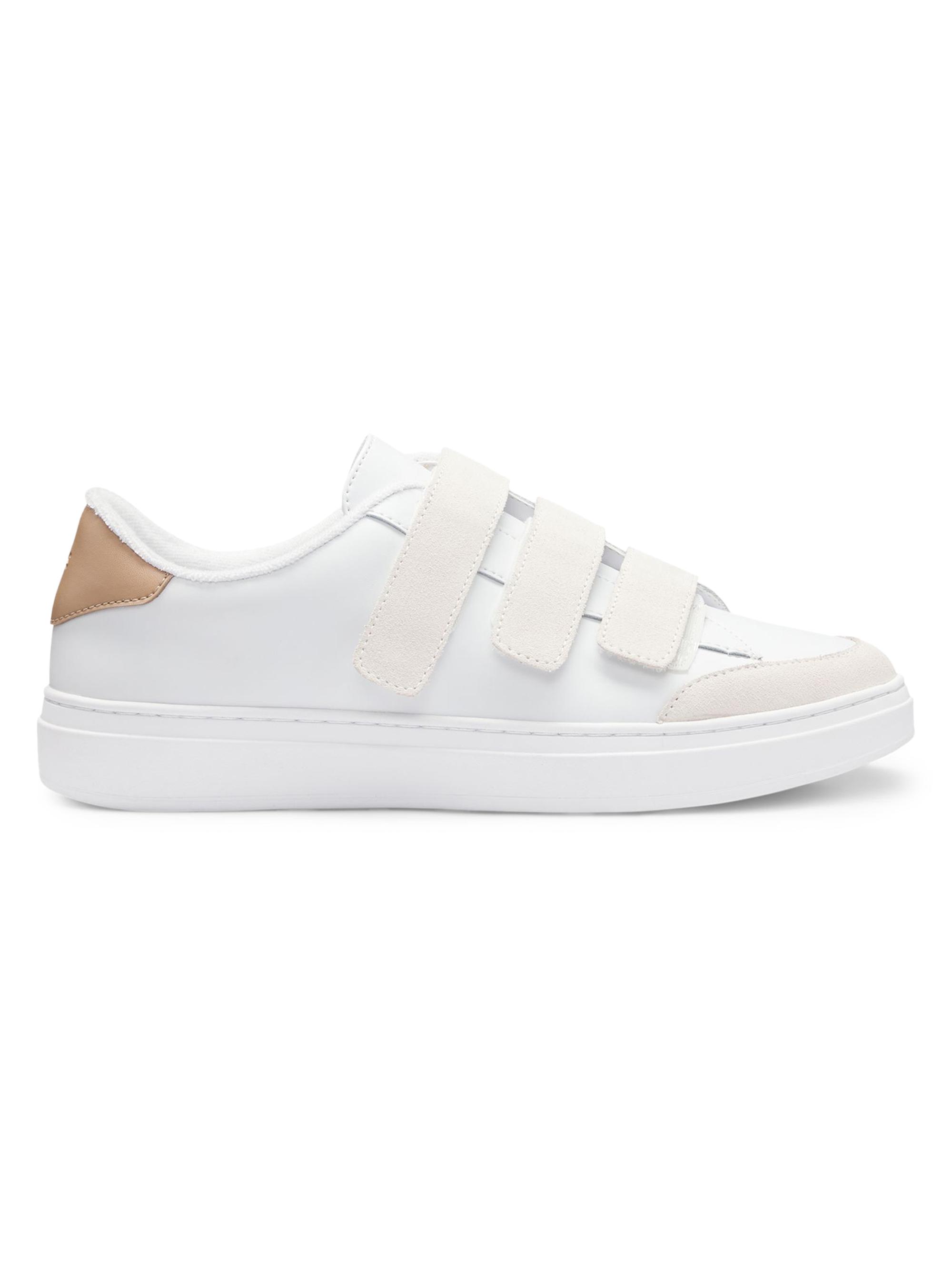 BOSS Women's Leather Trainers Sneakers with Suede Rip-Tape Straps - White Beige