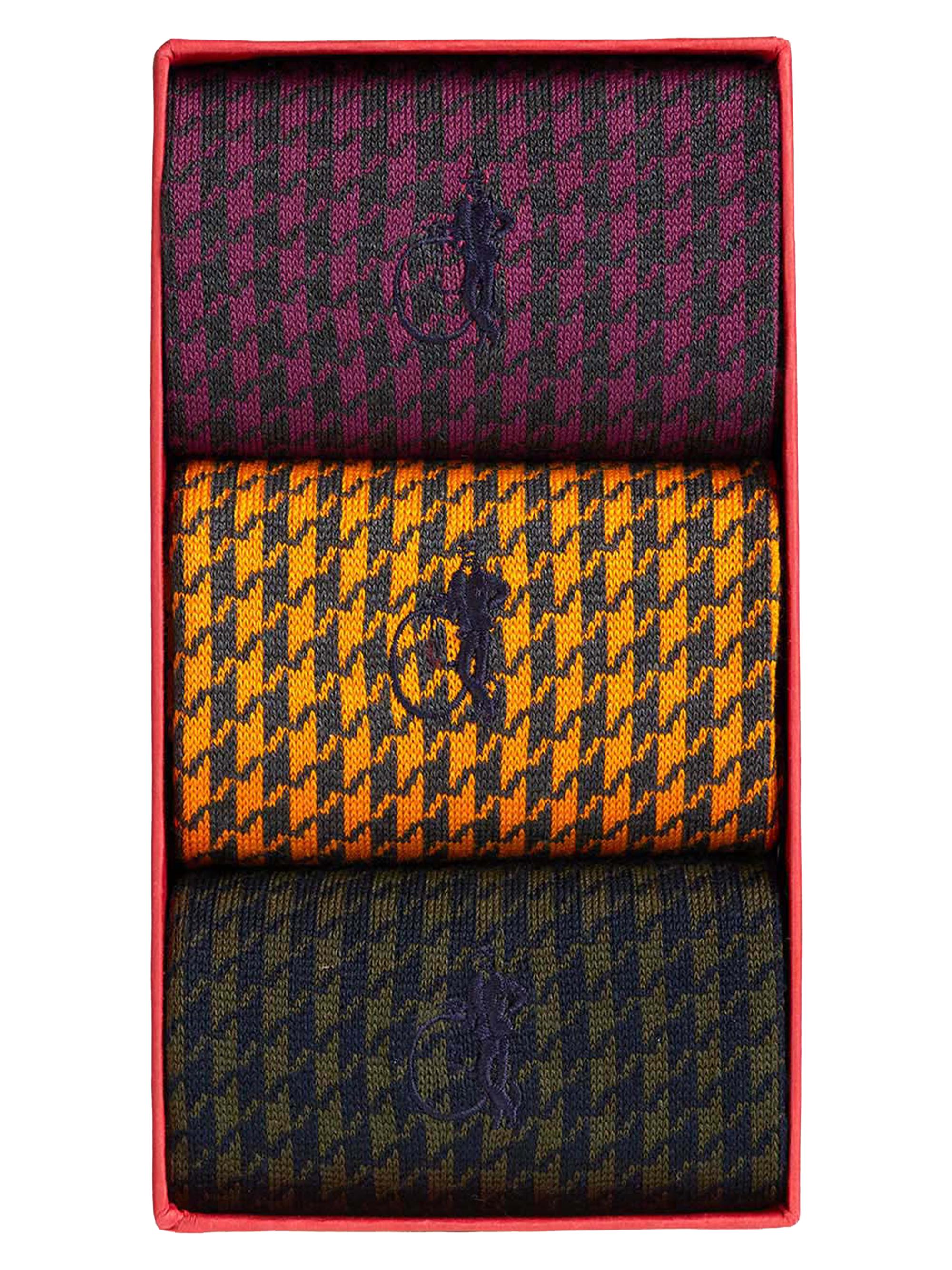 London Sock Company Men's Brummels Pick 3-Pack Jermyn St Houndstooth Socks - Red Yellow Green