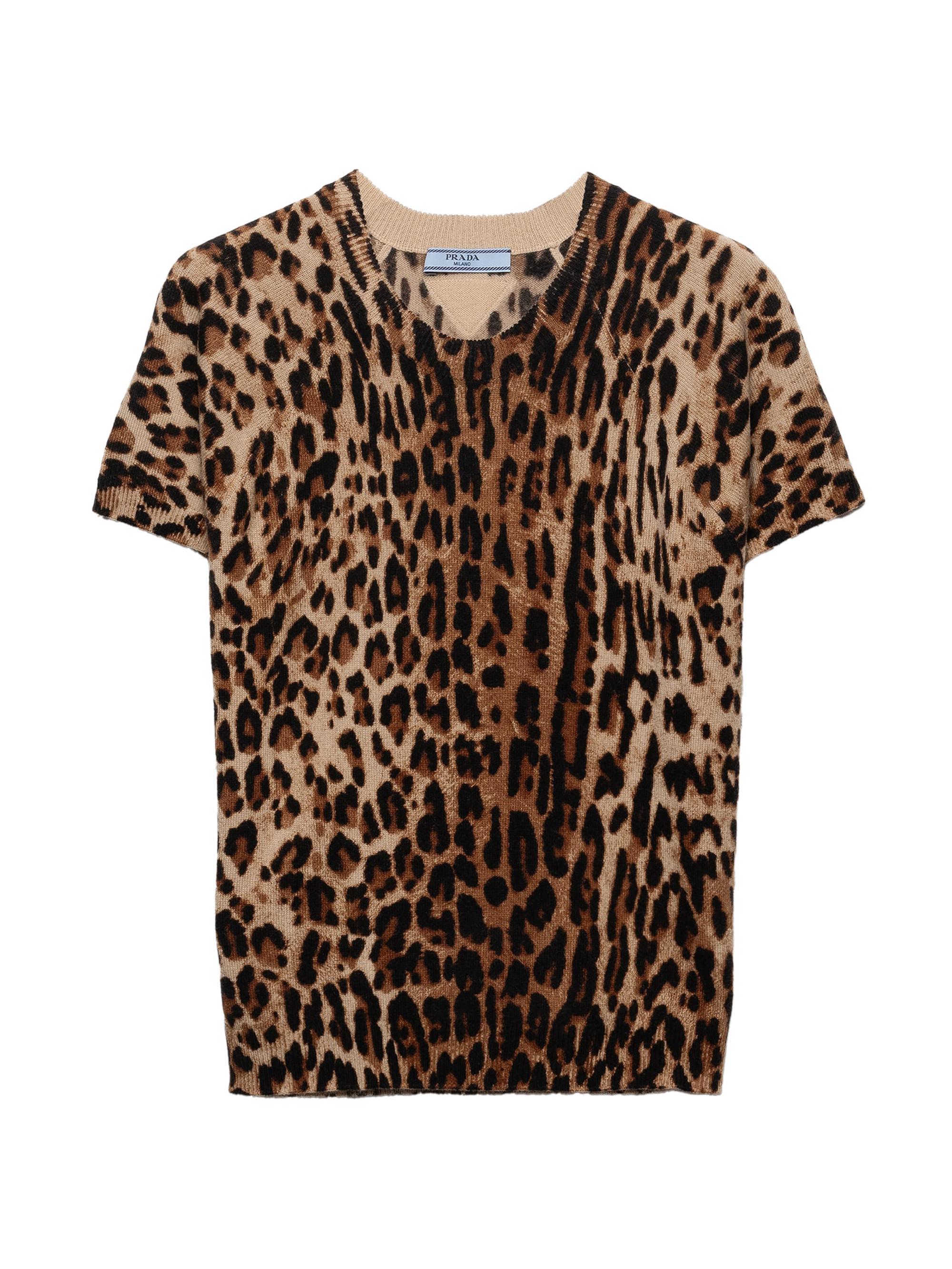 Prada Women's Short-Sleeved Printed Cashmere Sweater - Brown Black