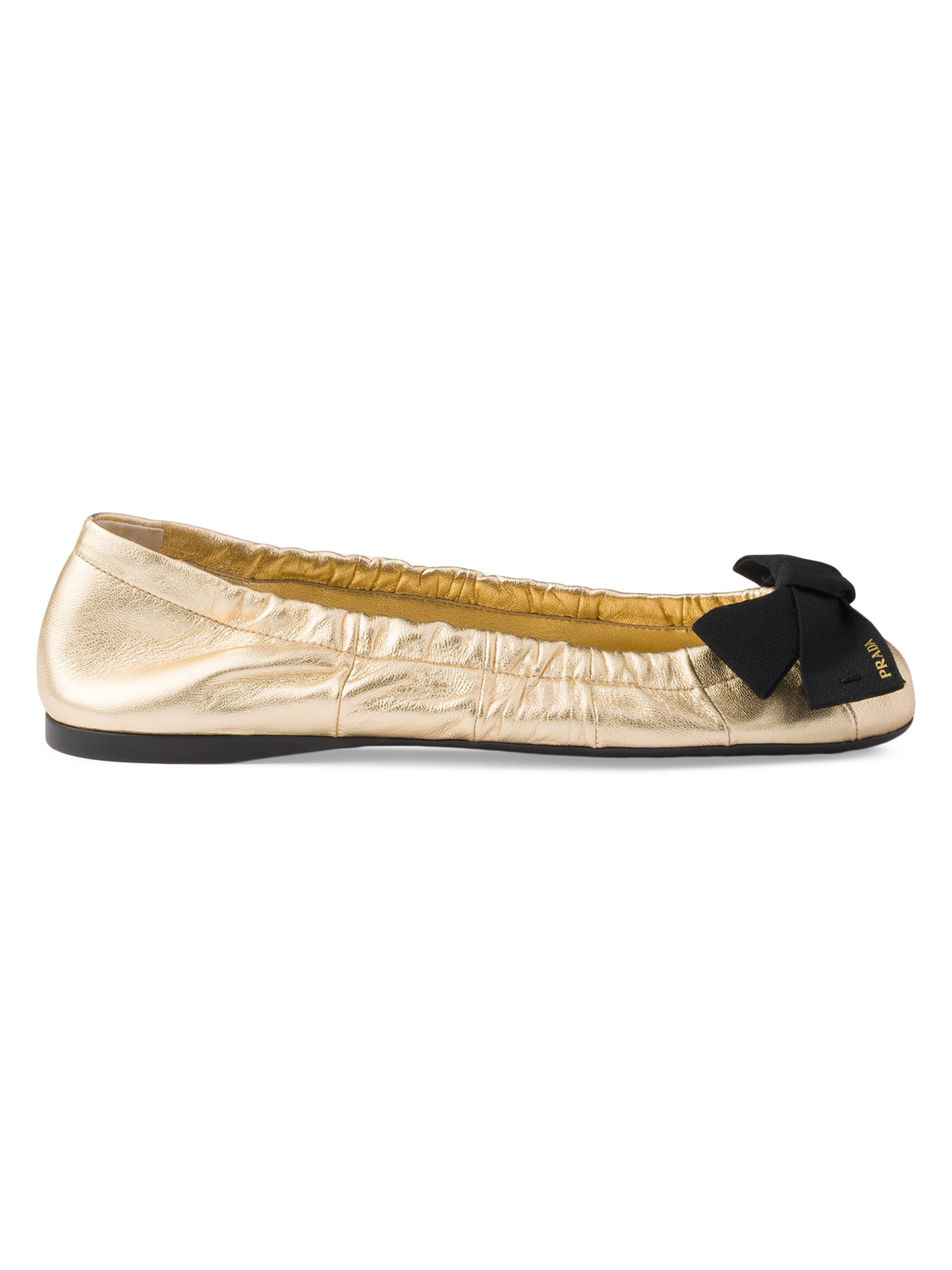 Prada Women's Mordoré Nappa Leather Ballerinas with Bow - Golden