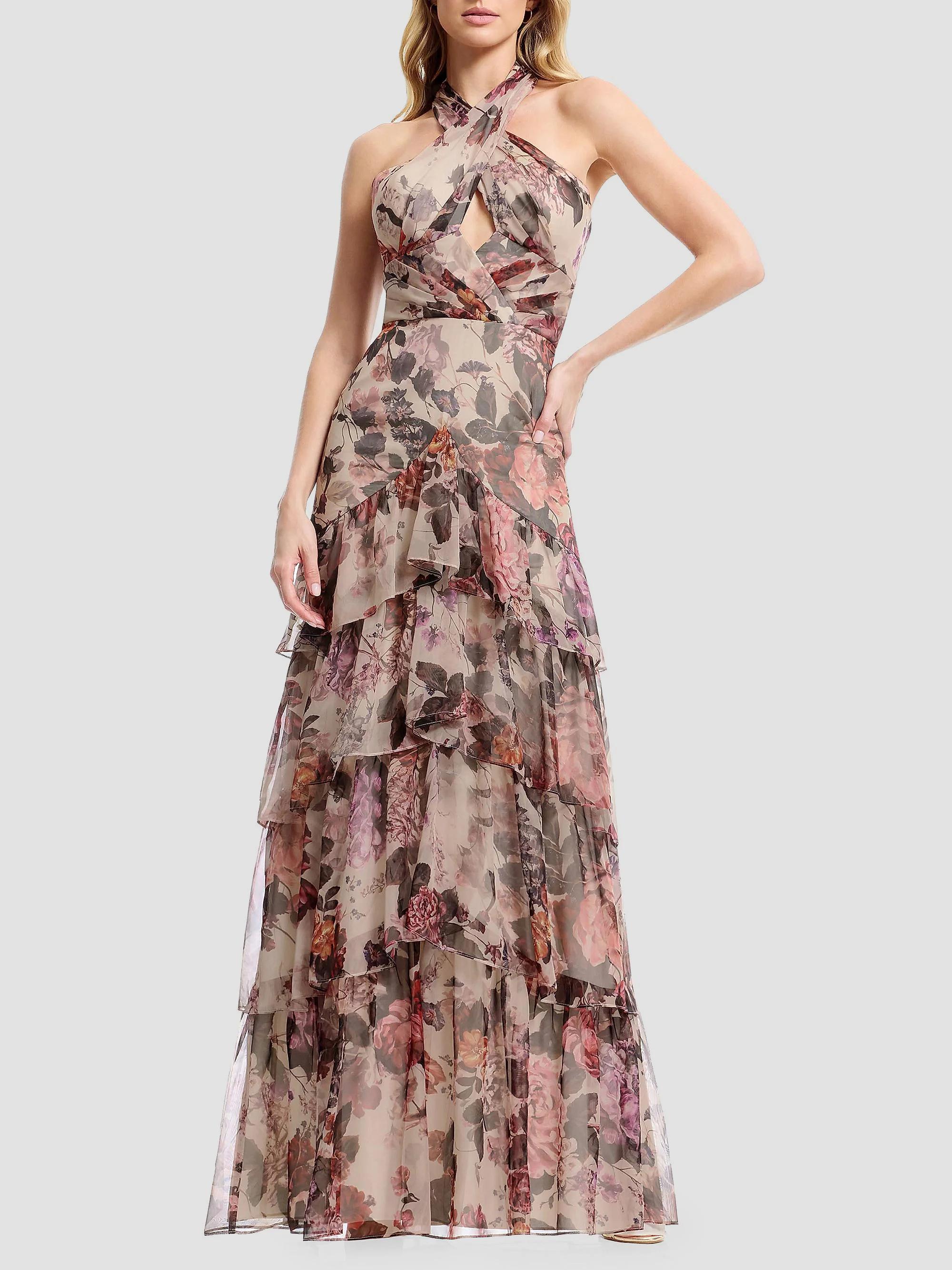 mae halter tiered maxi dress The Population Maya Floral Dress red bridal gowns