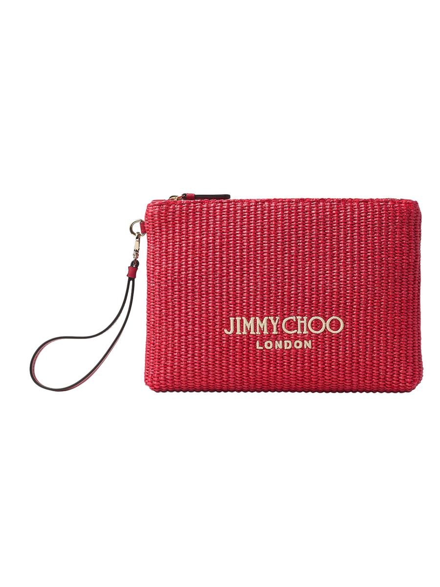 Jimmy Choo Women's Riviera Zip Flat Raffia Pouch In Red