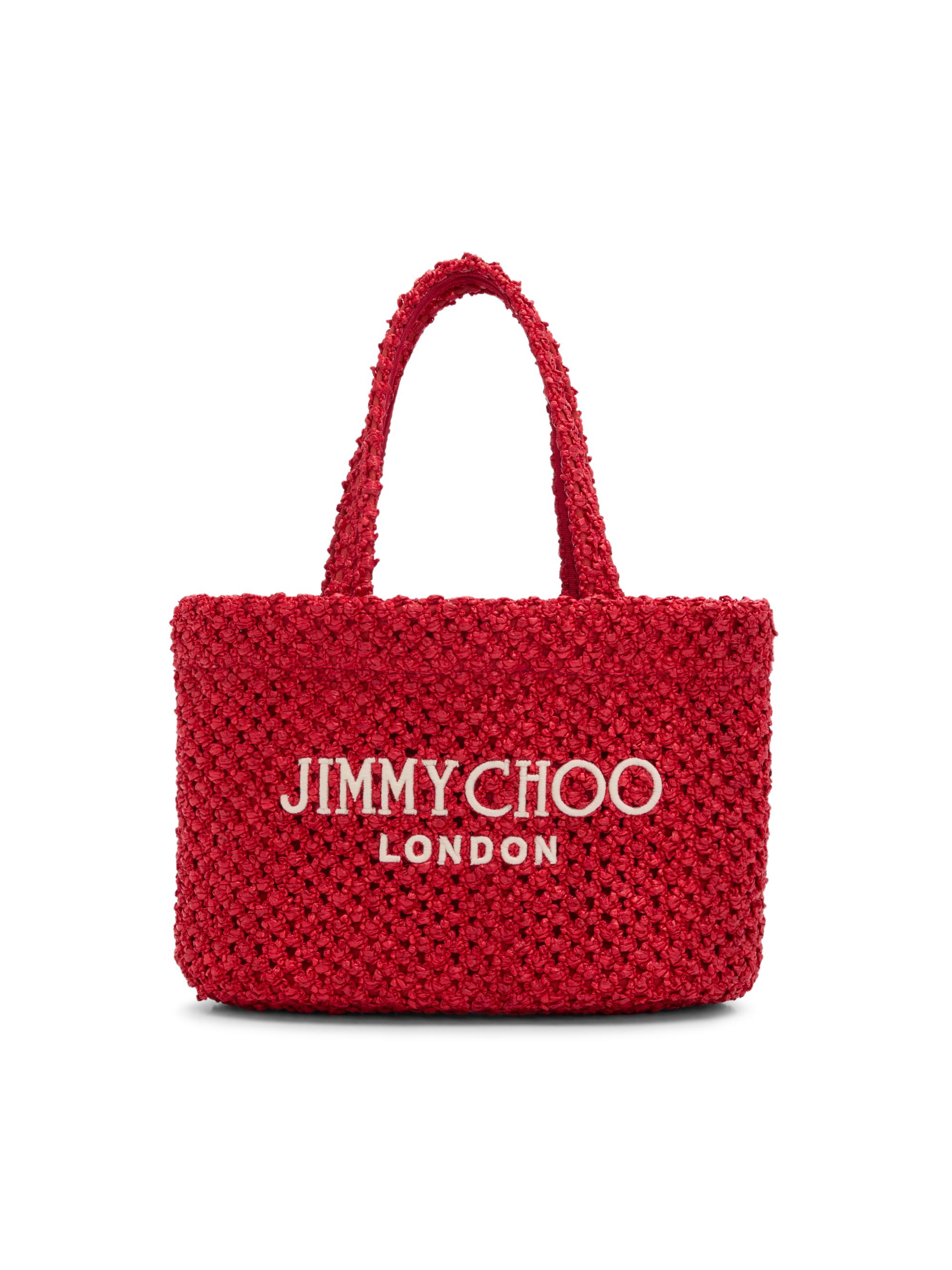 Jimmy Choo Women's Riviera Capsule Mini Logo-Embroidered Raffia Beach Tote Bag - Ruby Red
