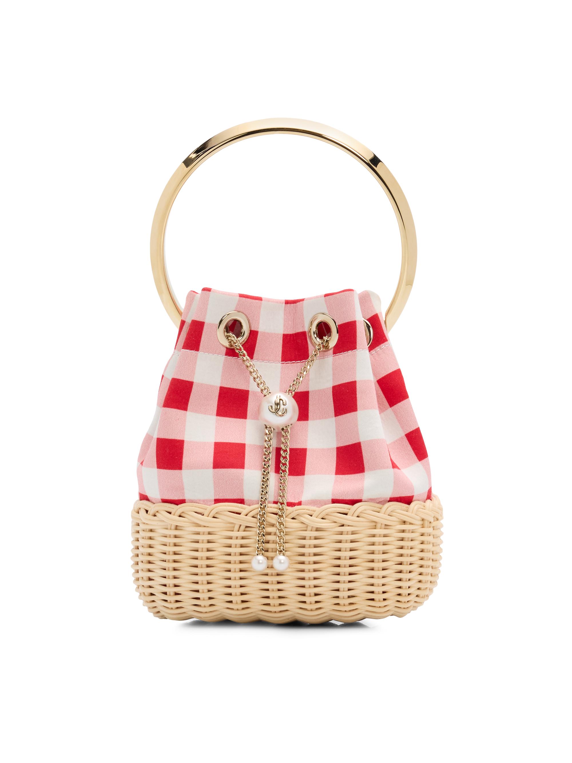 Jimmy Choo Women's Riviera Capsule Bon Bon Gingham & Wicker Bucket Bag - Ruby Red Mix
