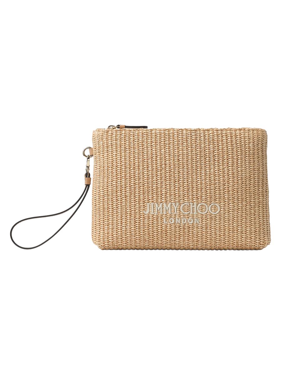 Jimmy Choo Women's Riviera Zip Flat Raffia Pouch In Brown