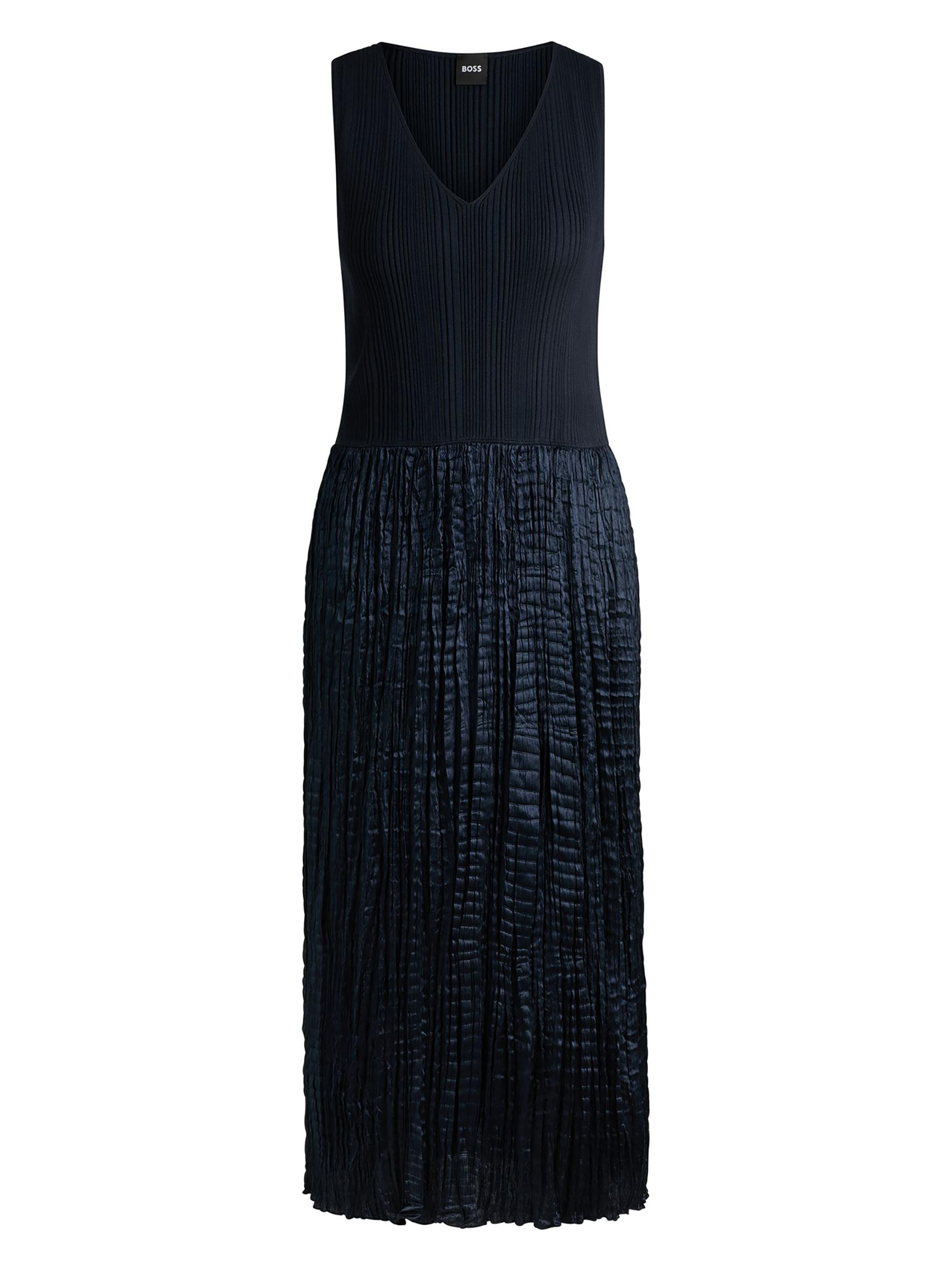 BOSS Women's Knitted Dress with Lustrous Structured Skirt - Dark Blue