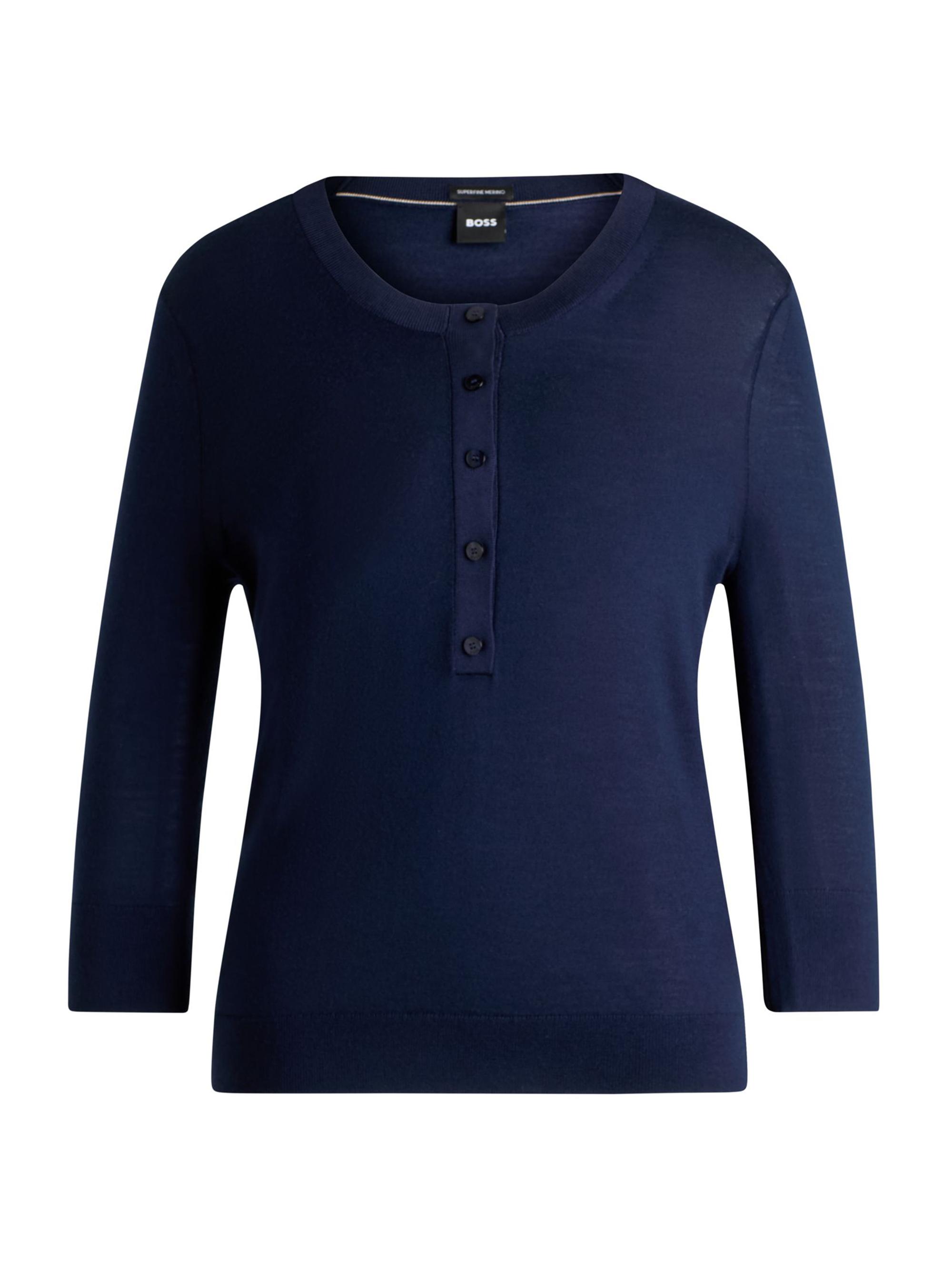 BOSS Women's Henley Neck Sweater in Merino Wool - Blue
