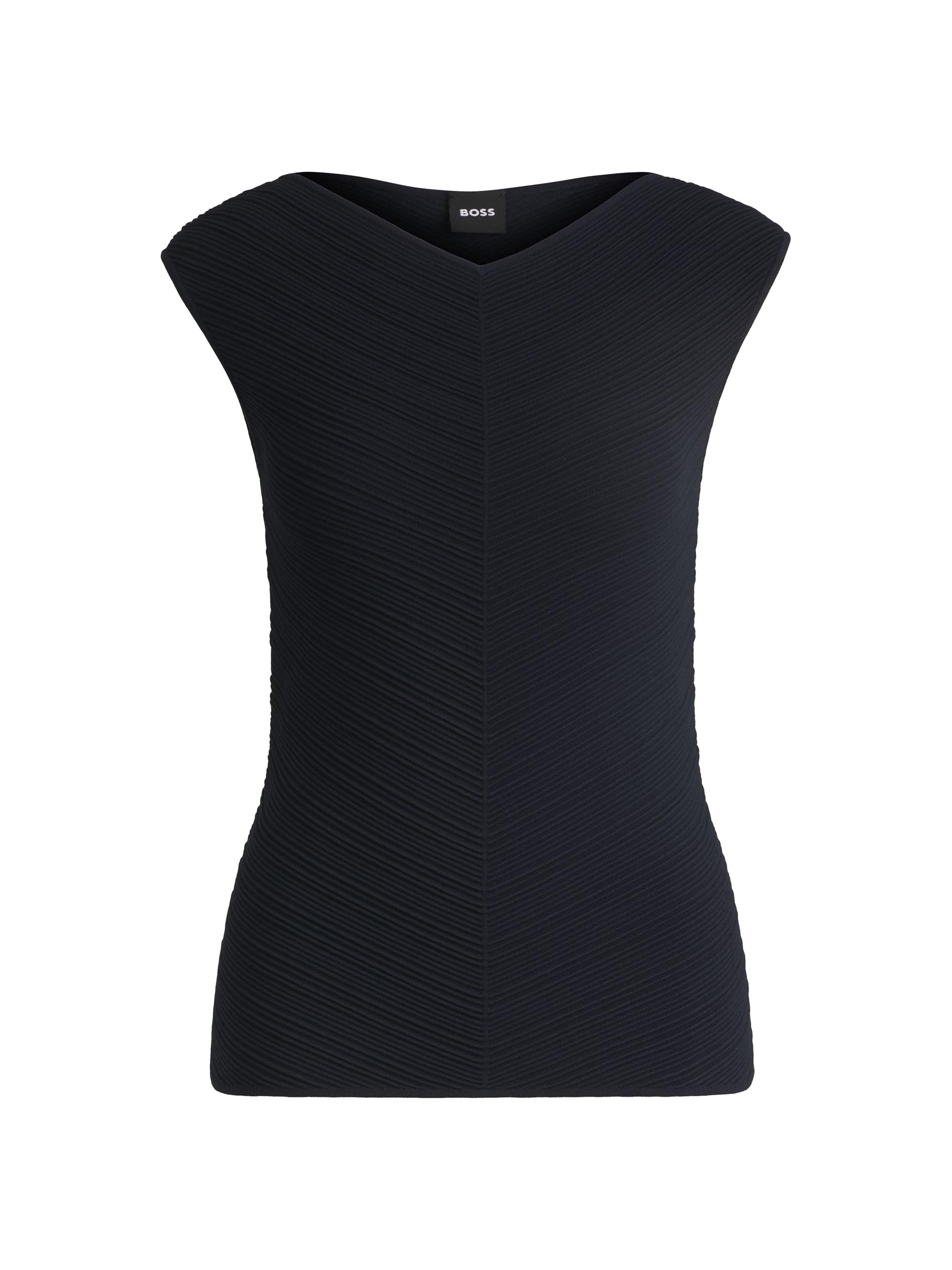 BOSS Women's V-Neck Top with Knitted Structure - Dark Blue