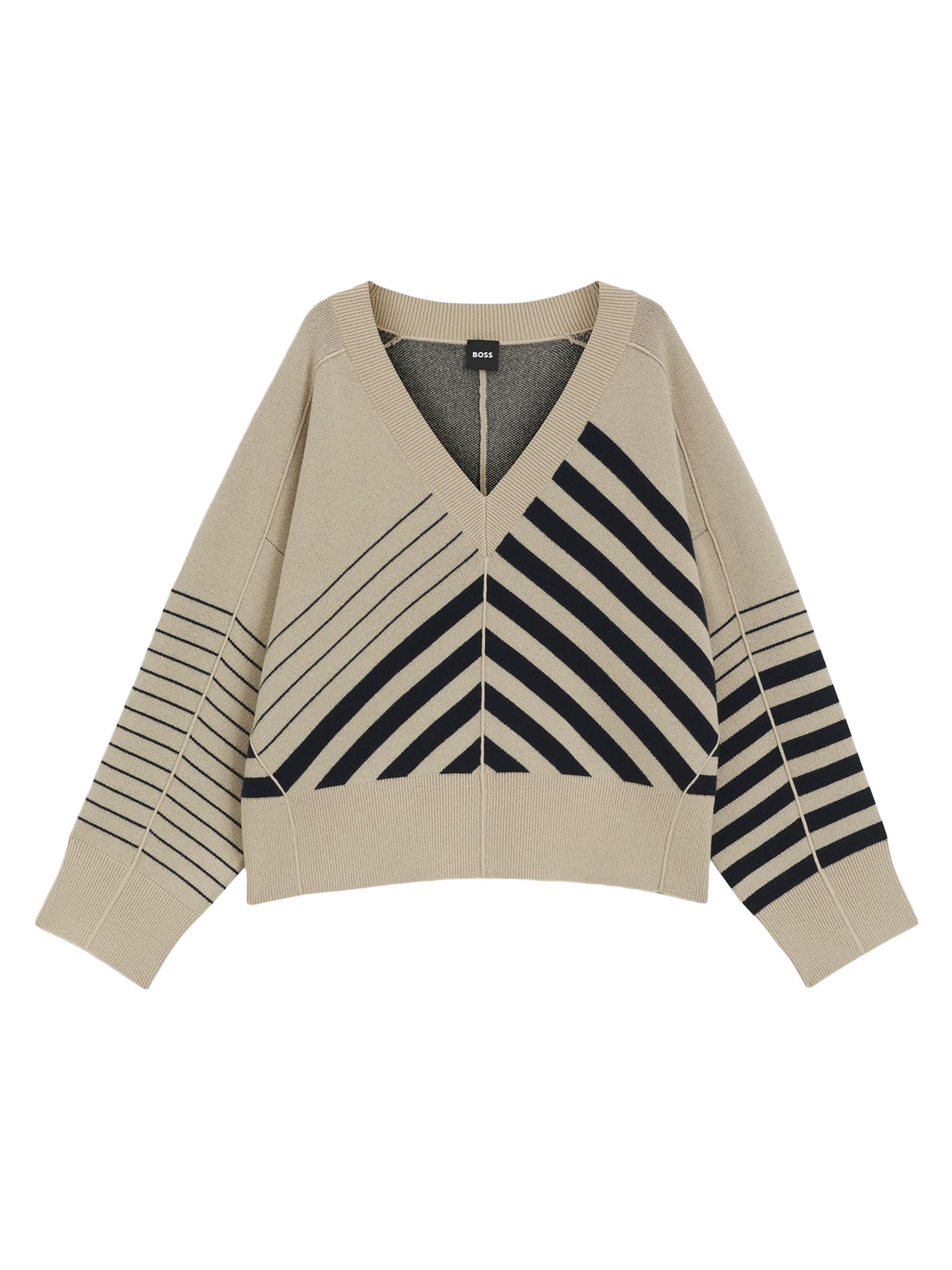BOSS Women's Wool-Cashmere Sweater with Block Stripes - Khaki