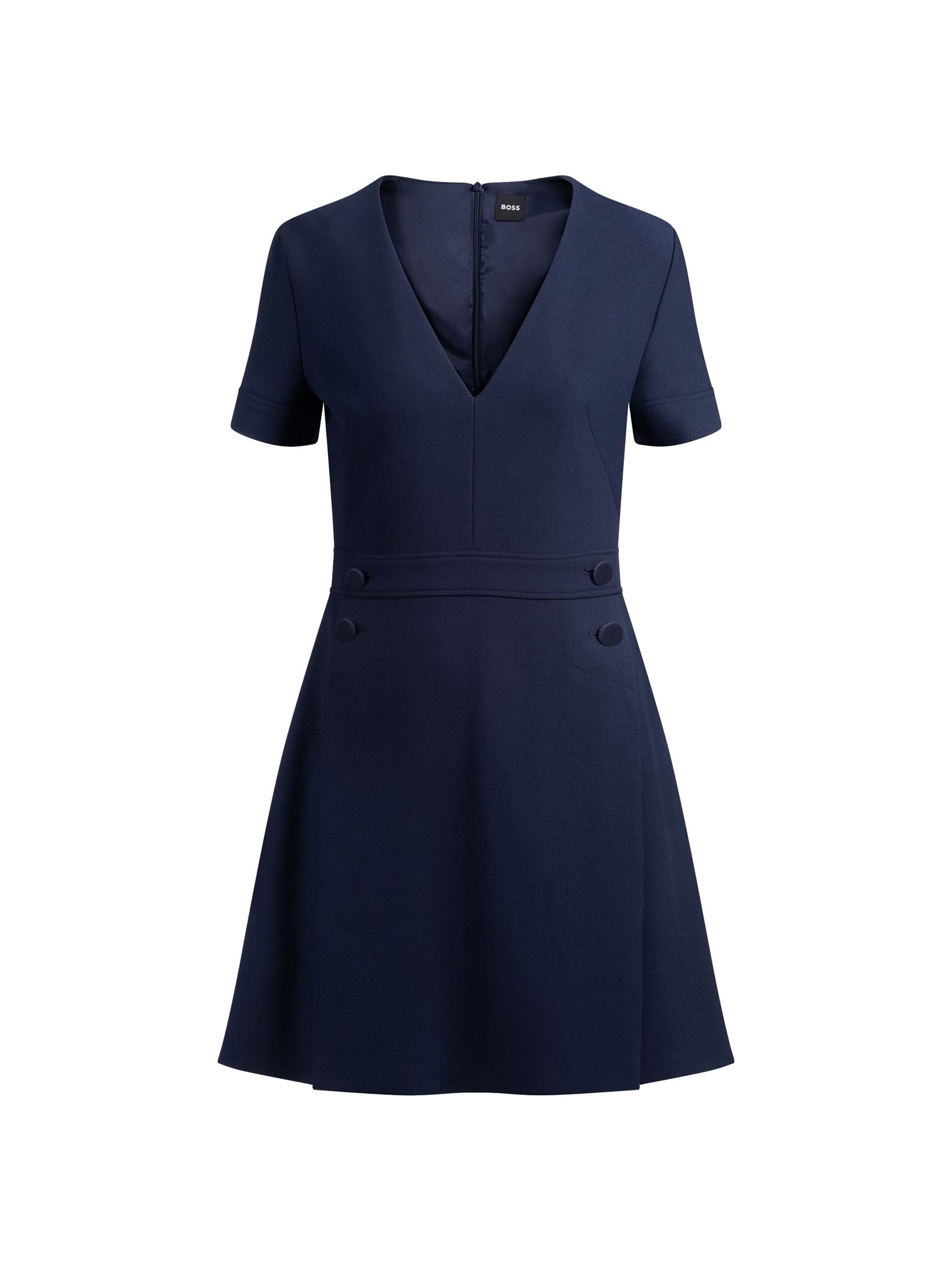 BOSS Women's V-Neck Bodycon Business Dress with Tone-On-Tone Buttons - Blue