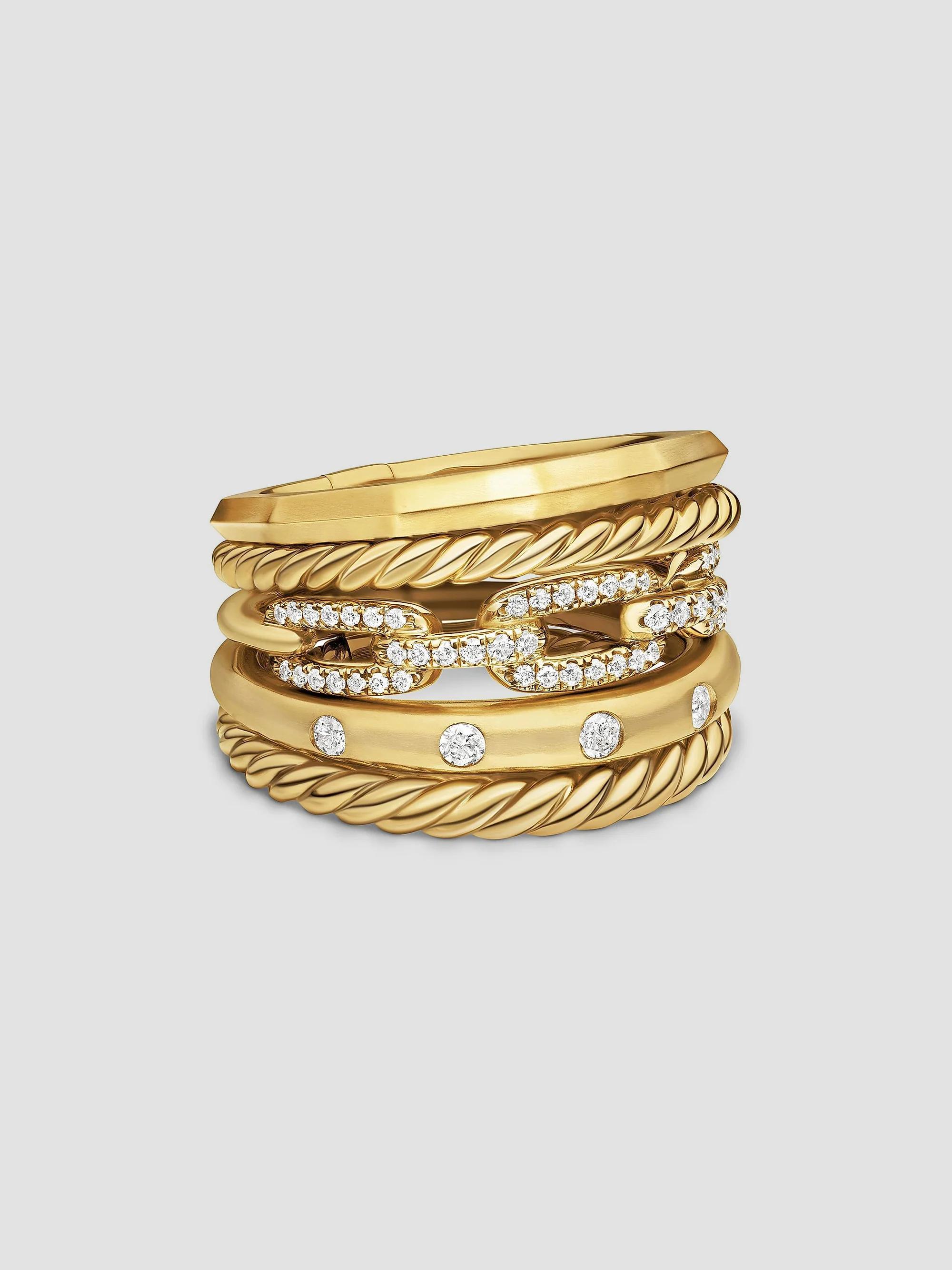 David Yurman Women's Stax Five Row Ring in 18K Yellow Gold - Diamond - Size 7
