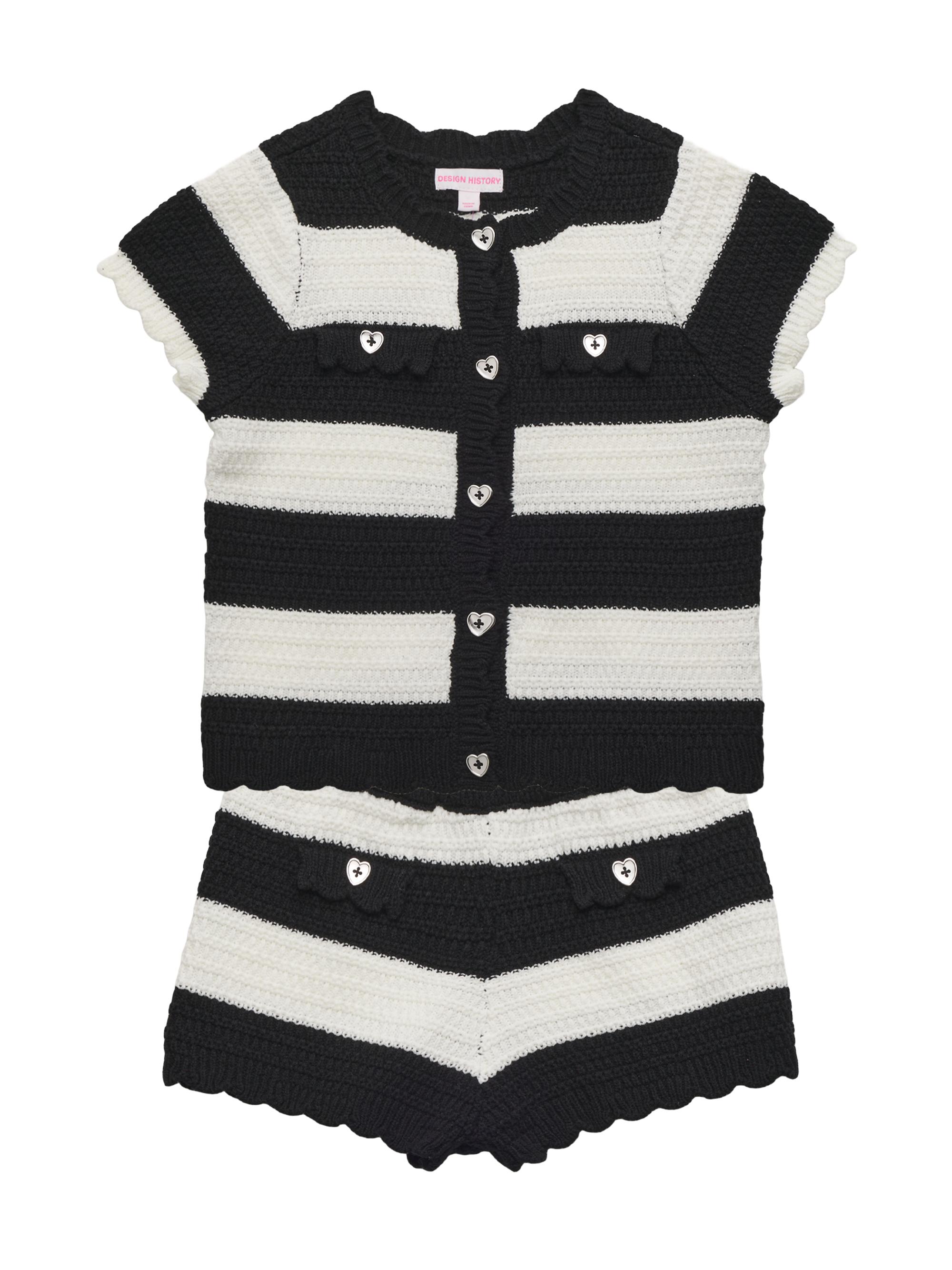 Design History Little Girl's Crochet Striped Cardigan & Shorts Set - Black Combo