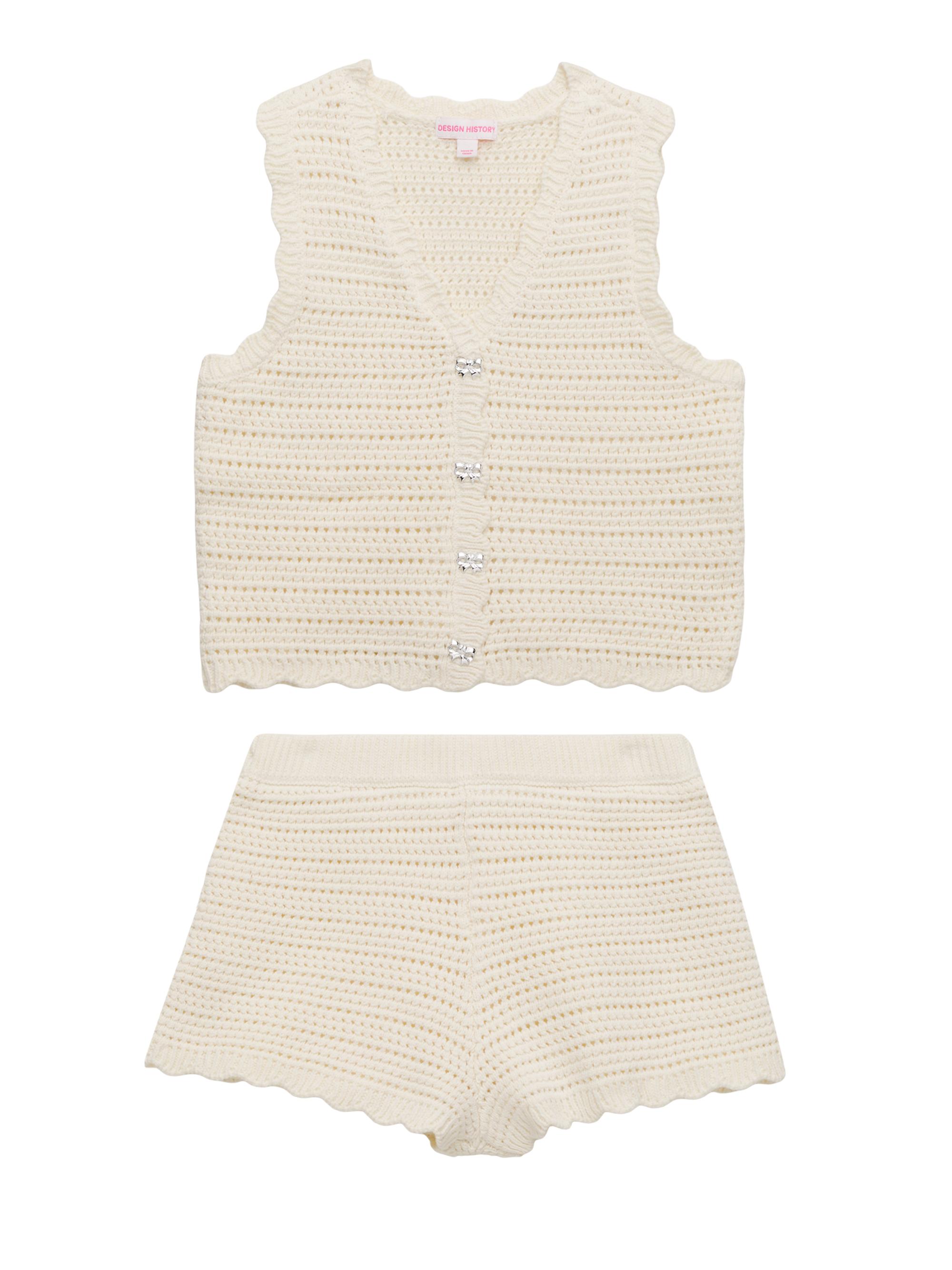 Design History Girl's Crochet Tank Vest & Shorts Set - Vanilla