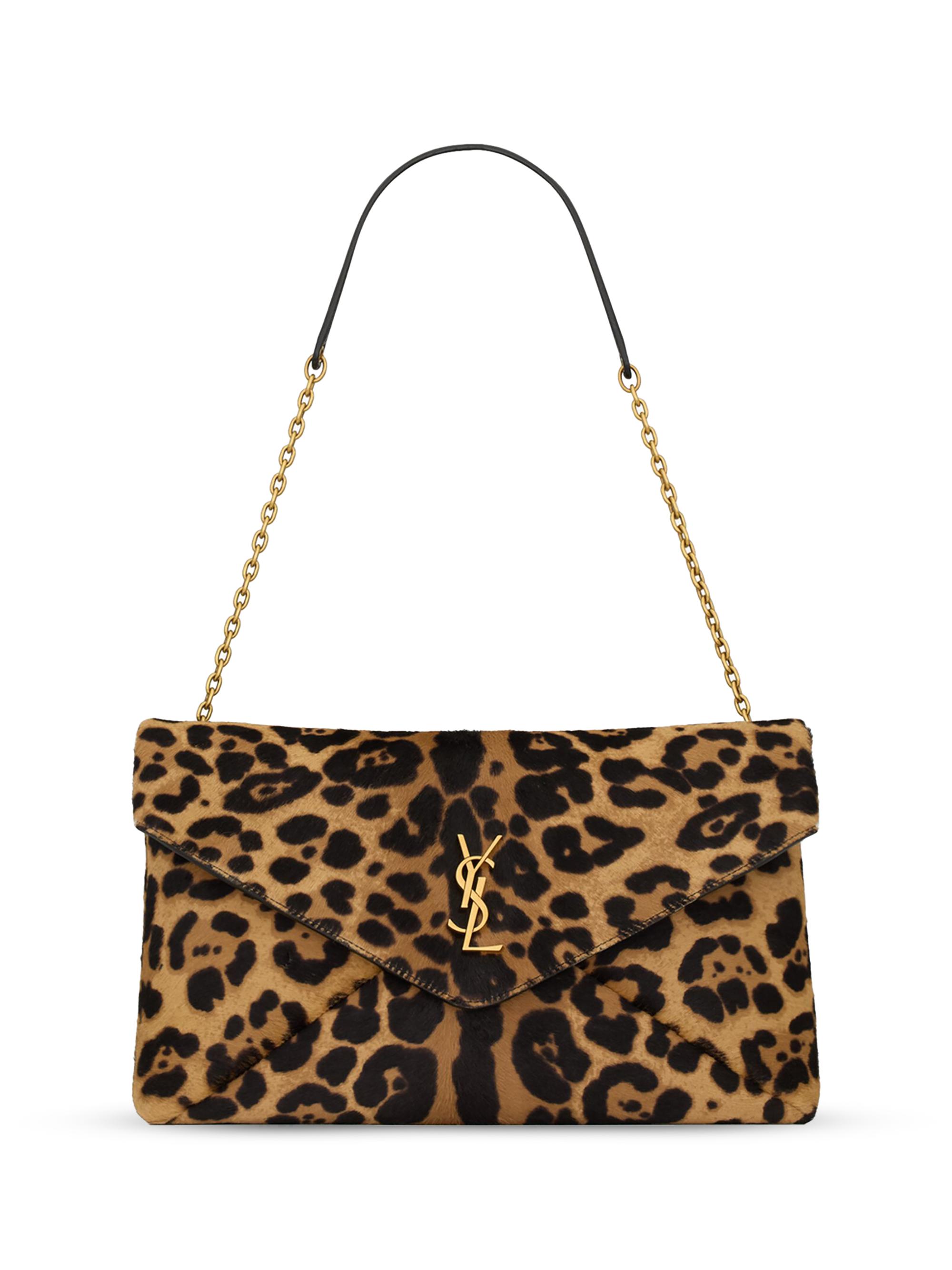 Saint Laurent Women's Cassandre Large Pouch on Chain in Pony Hair Leather - Brown And Black