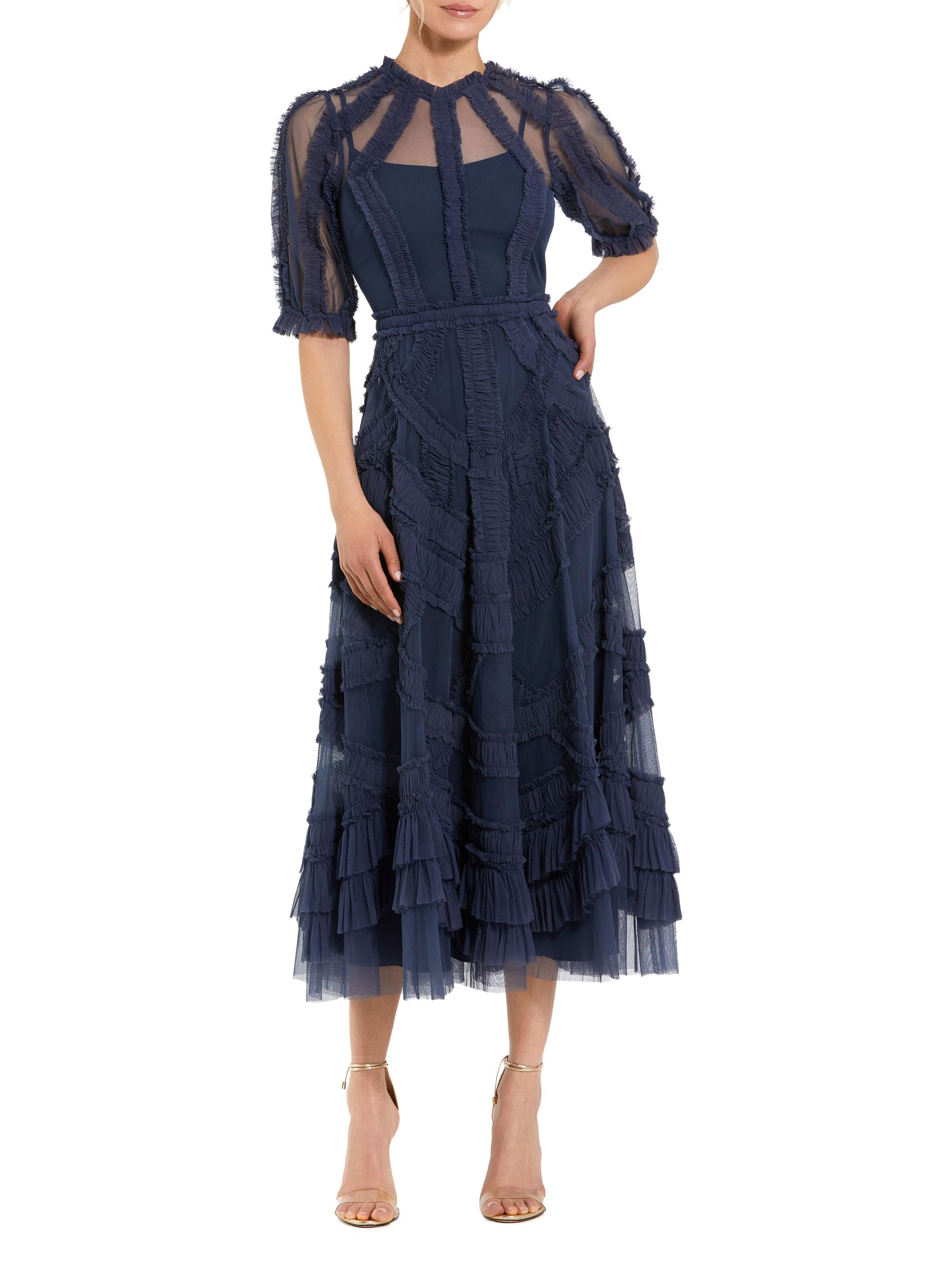 navy blue dress for baby girl Mac Duggal Women's Ruffle Shoulder V-Neck Gown - Black