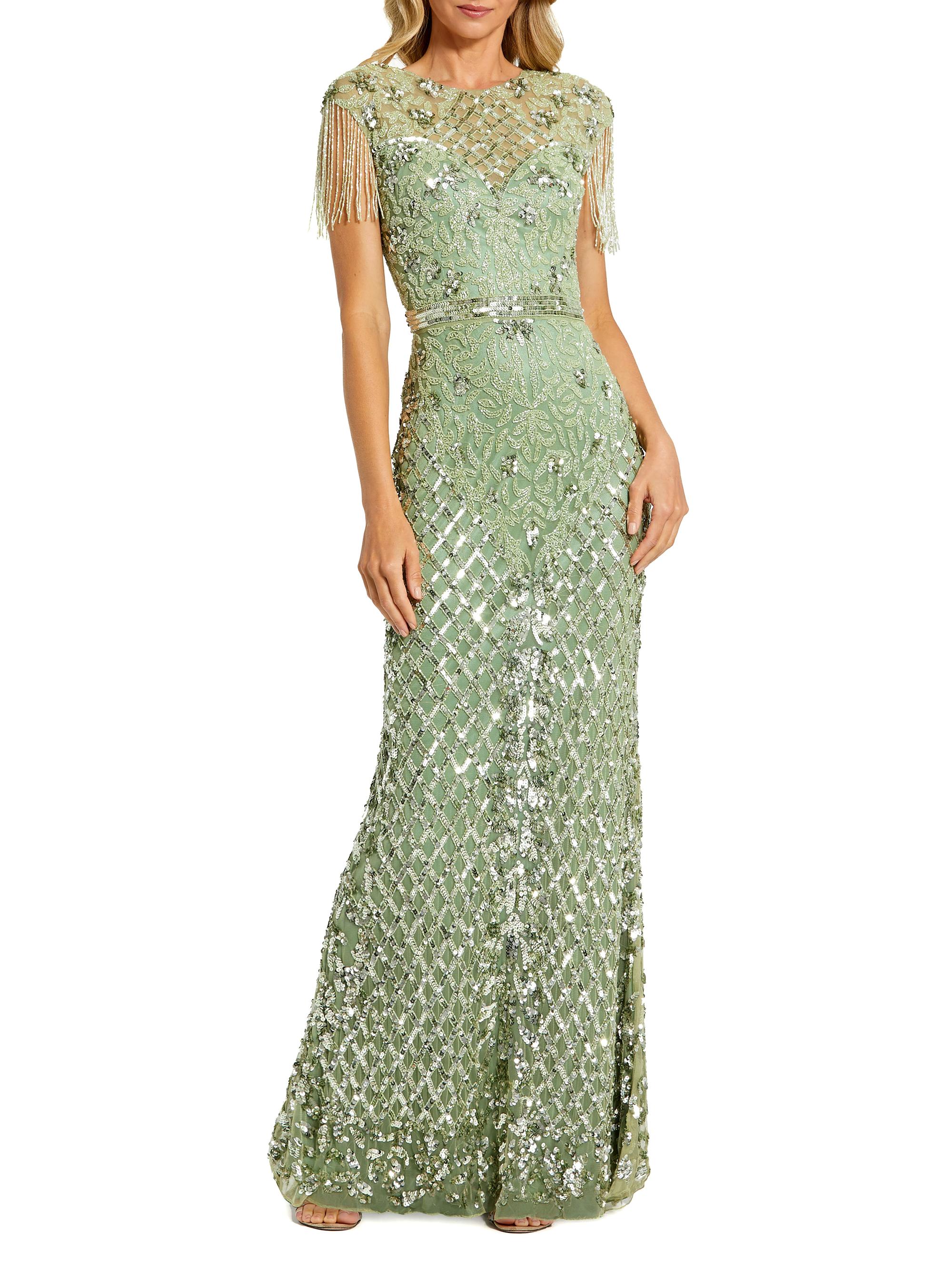 Mac Duggal Women's Embellished Fringe Column Gown - Sage