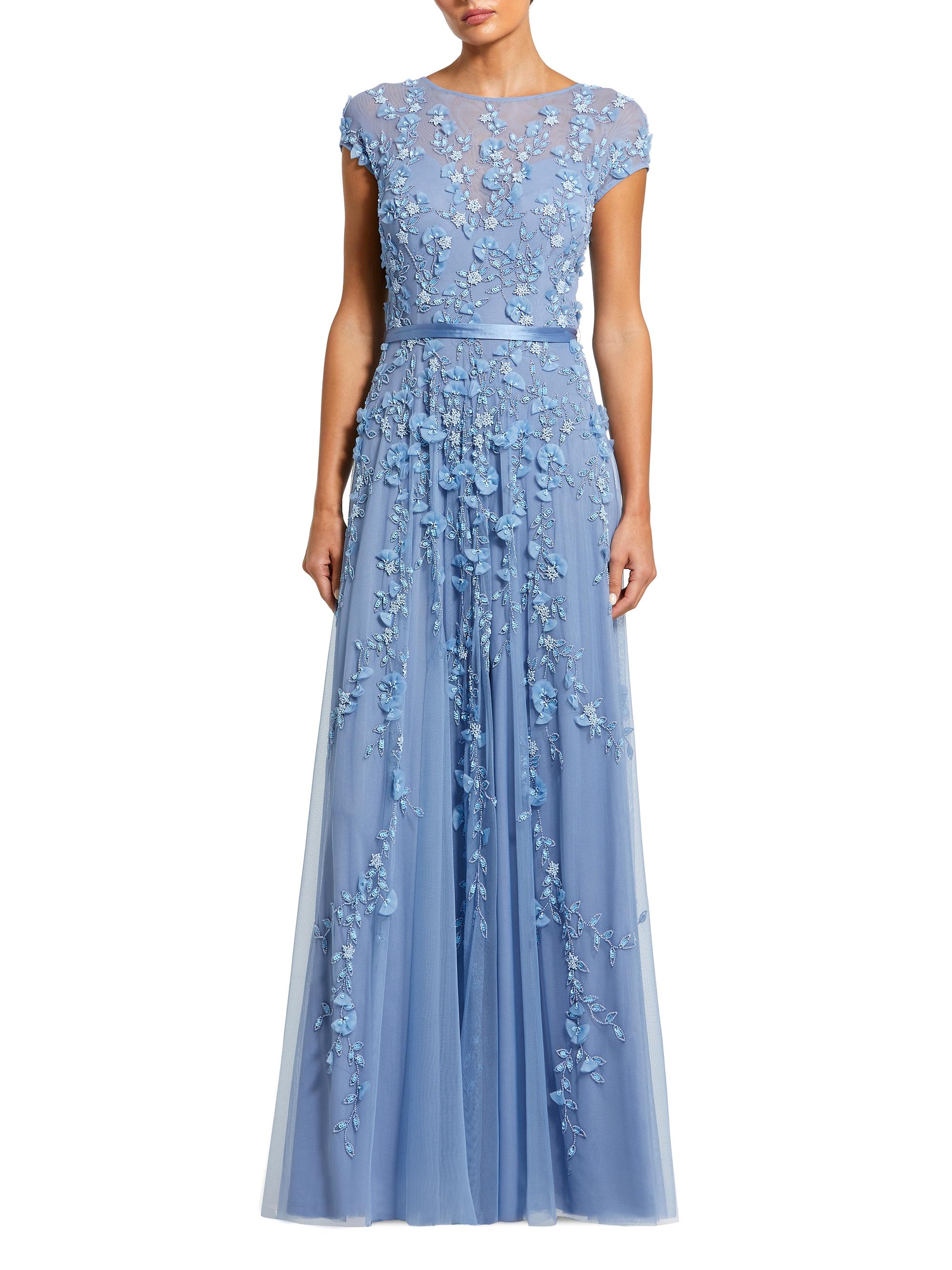 Mac Duggal Women's Petite Floral Applique Chiffon A-Line Gown - Sky Blue Petite 12