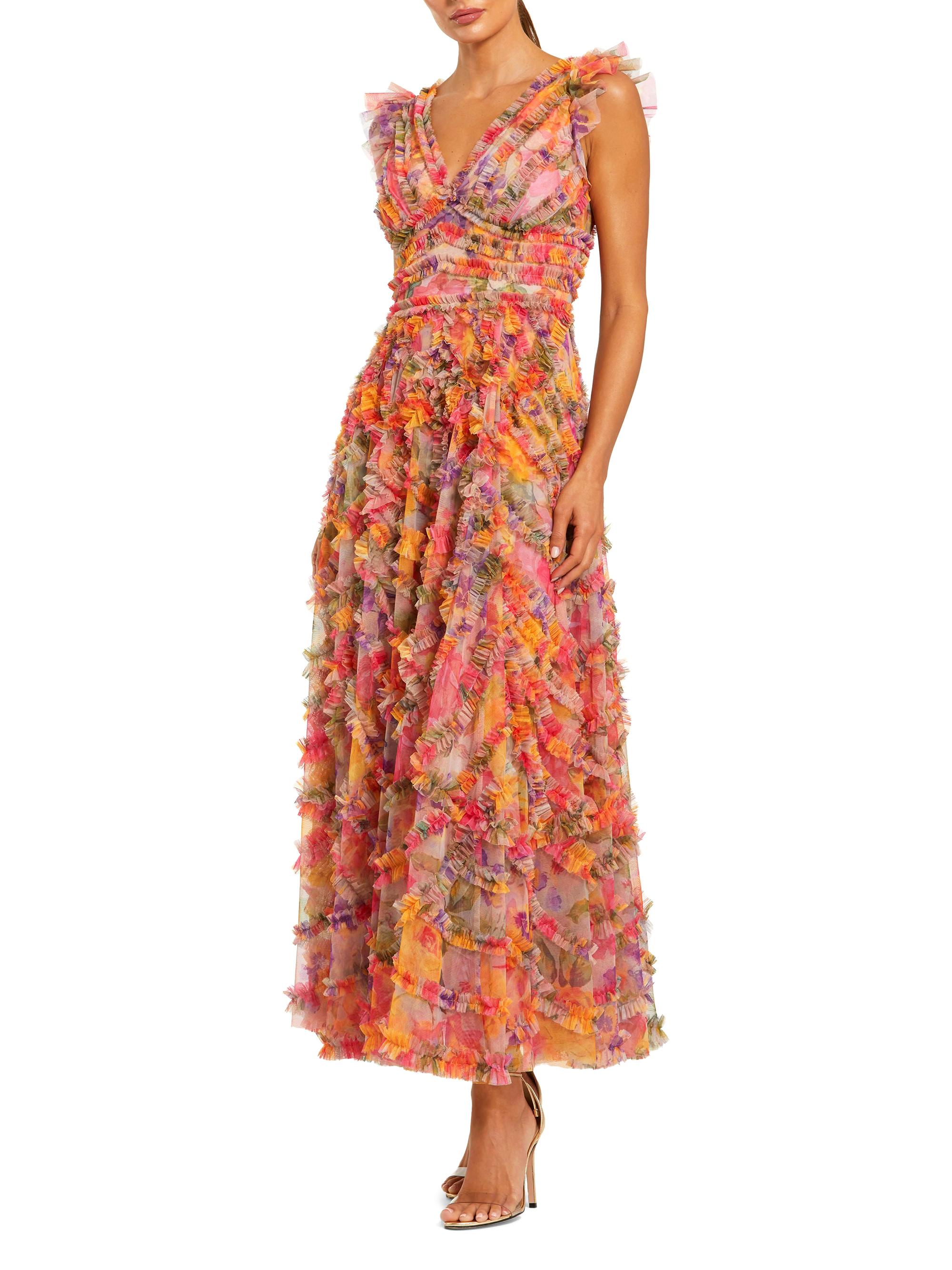 Mac Duggal Women's Floral Tulle Ruffle Maxi Dress