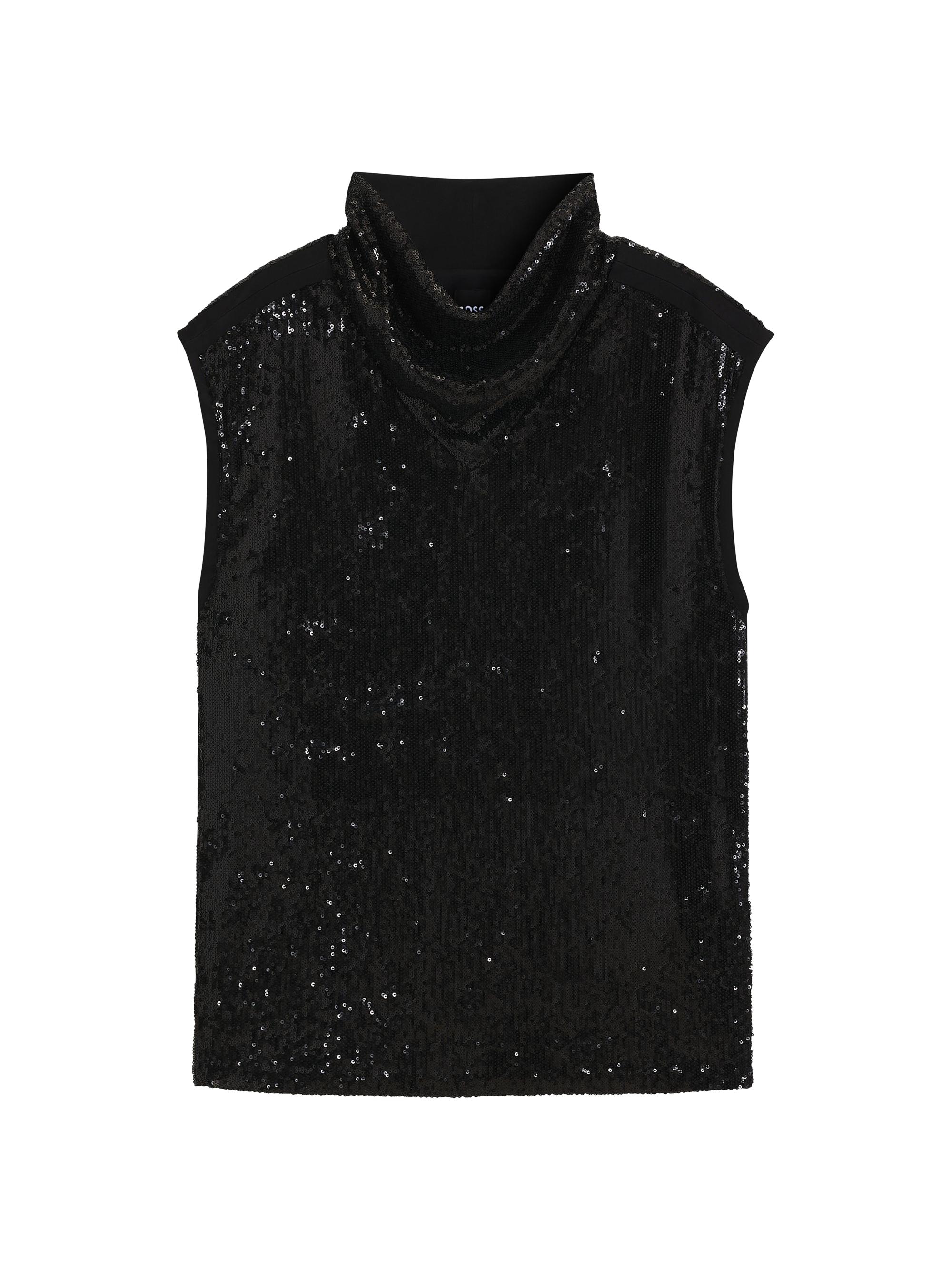 BOSS Women's Sequin Top with Draped Funnel Neckline - Black