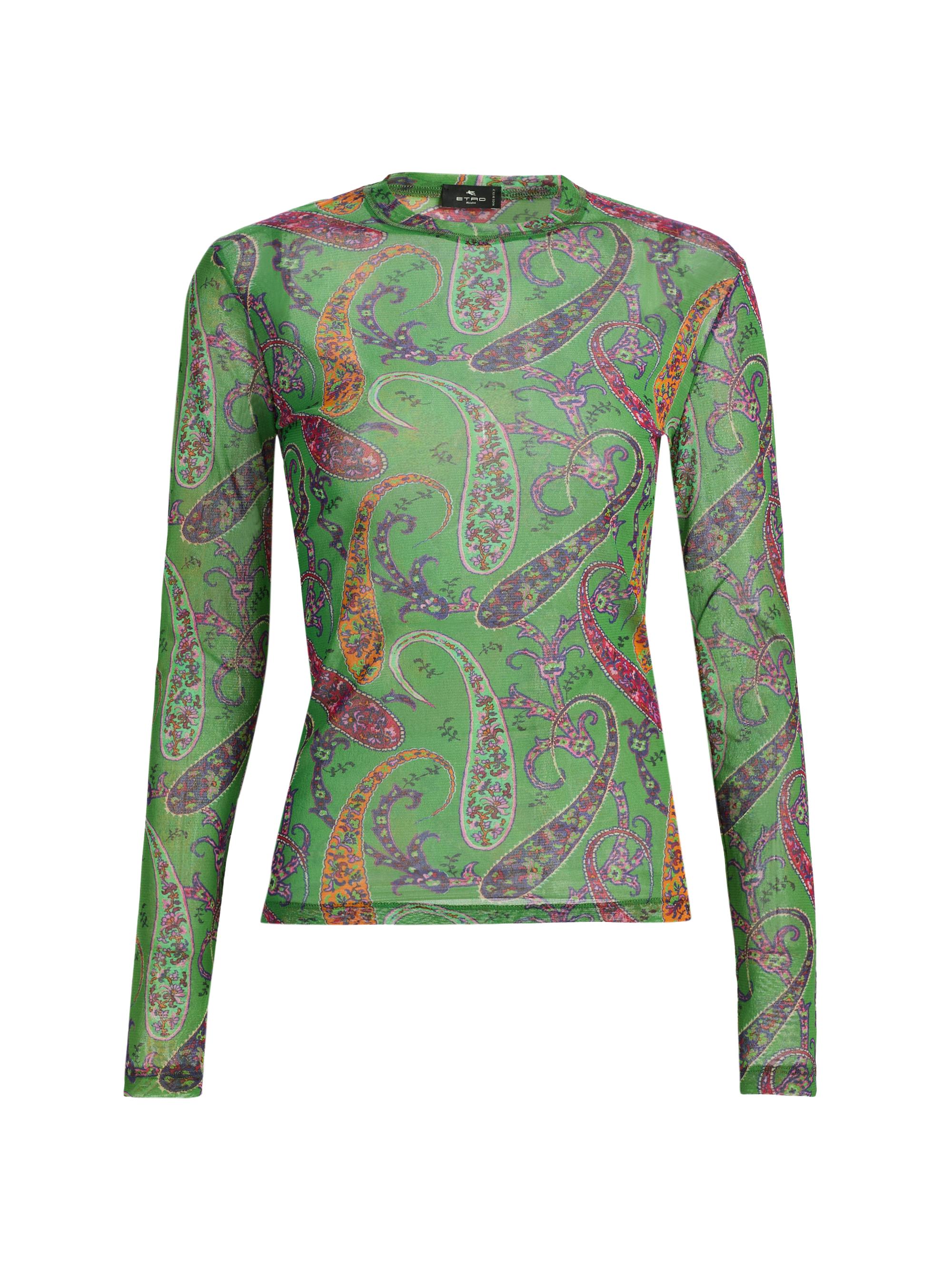 Etro Women's Paisley Print Mesh Long-Sleeve Top - Stampa Verde - Women's Clothing