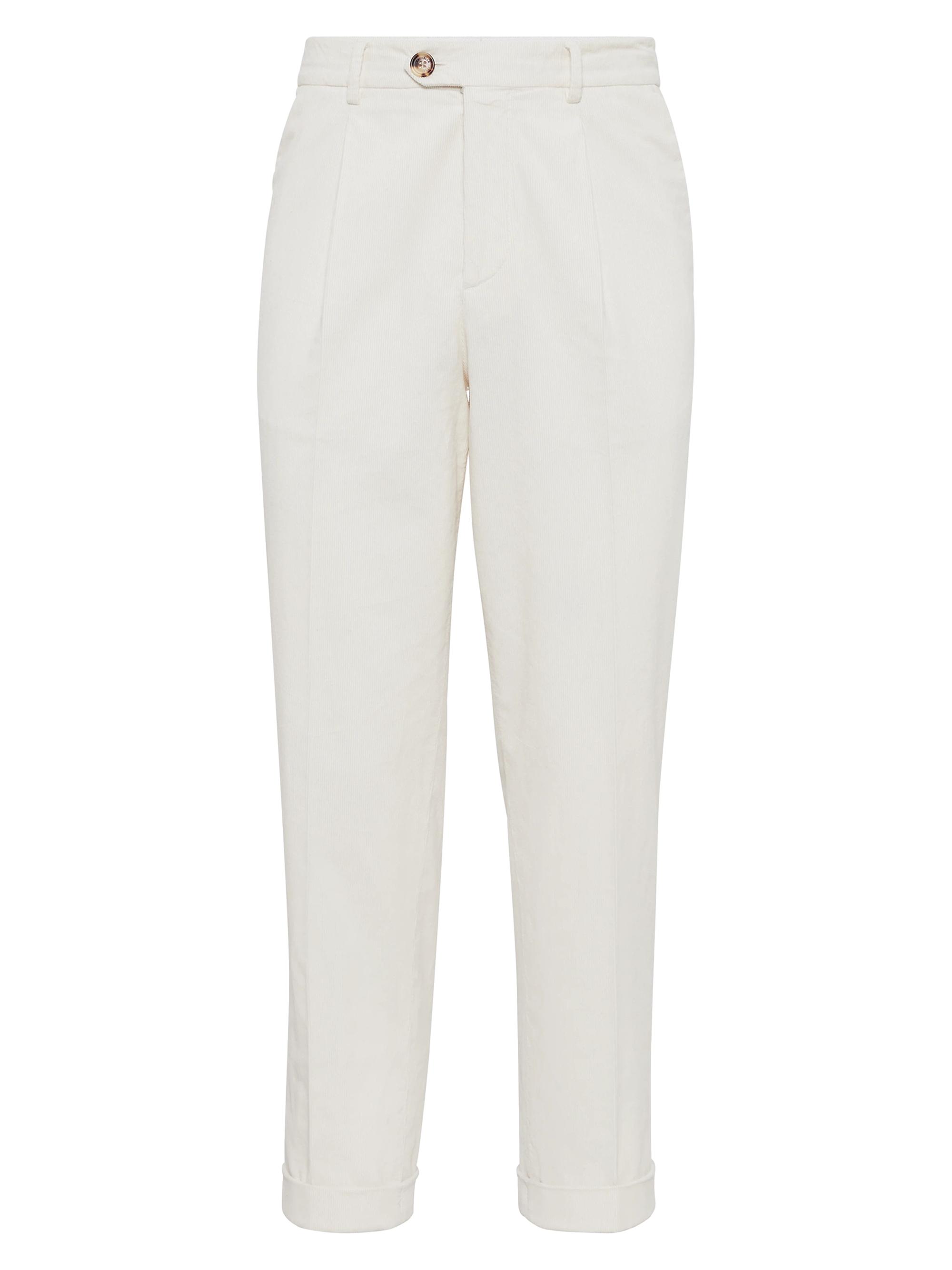 Brunello Cucinelli Men's Dyed Trousers in Cotton Narrow Wale Corduroy with Pleat - Off White
