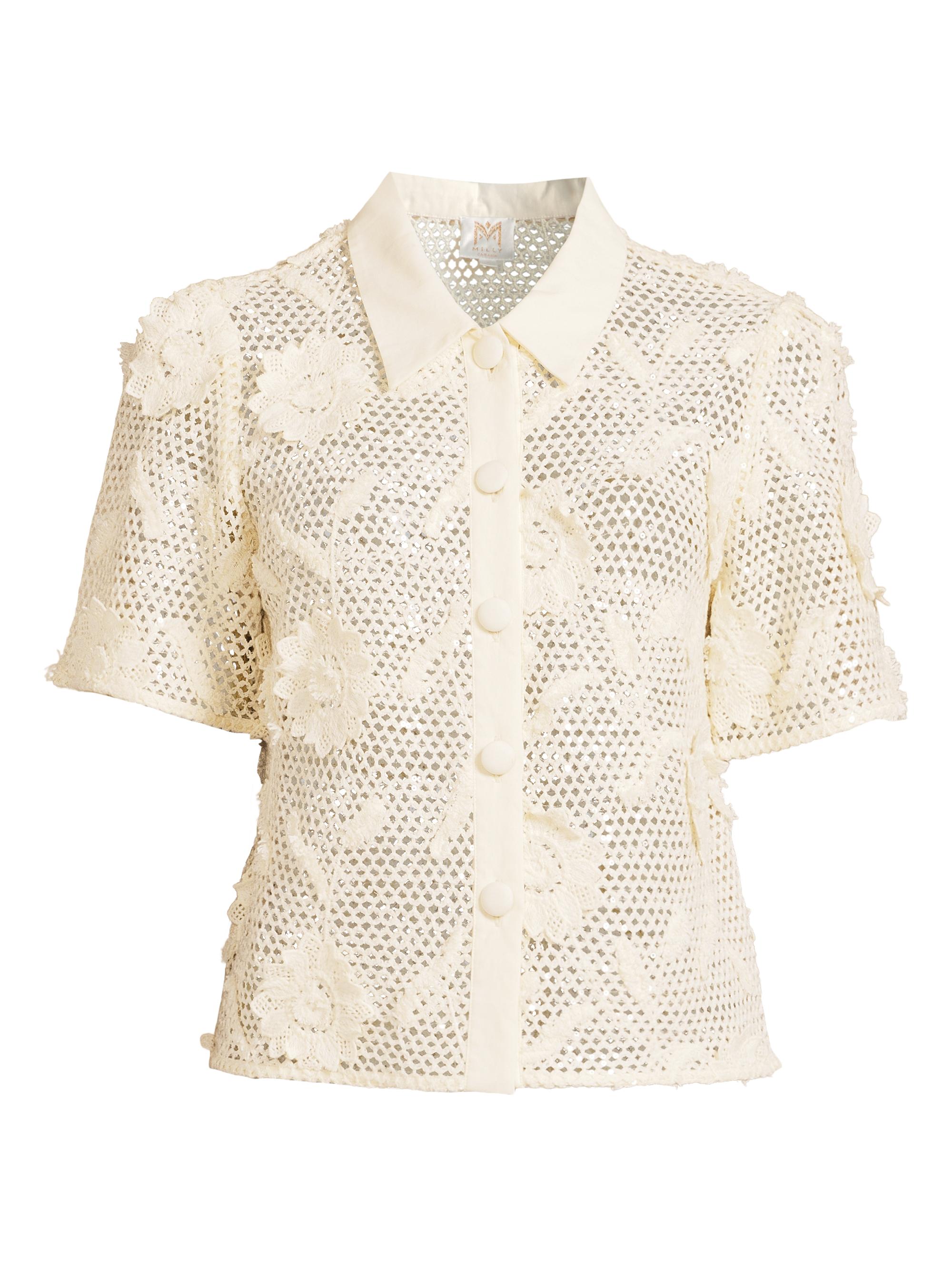 Milly Women's Sequined Crochet Cotton Short-Sleeve Top - White