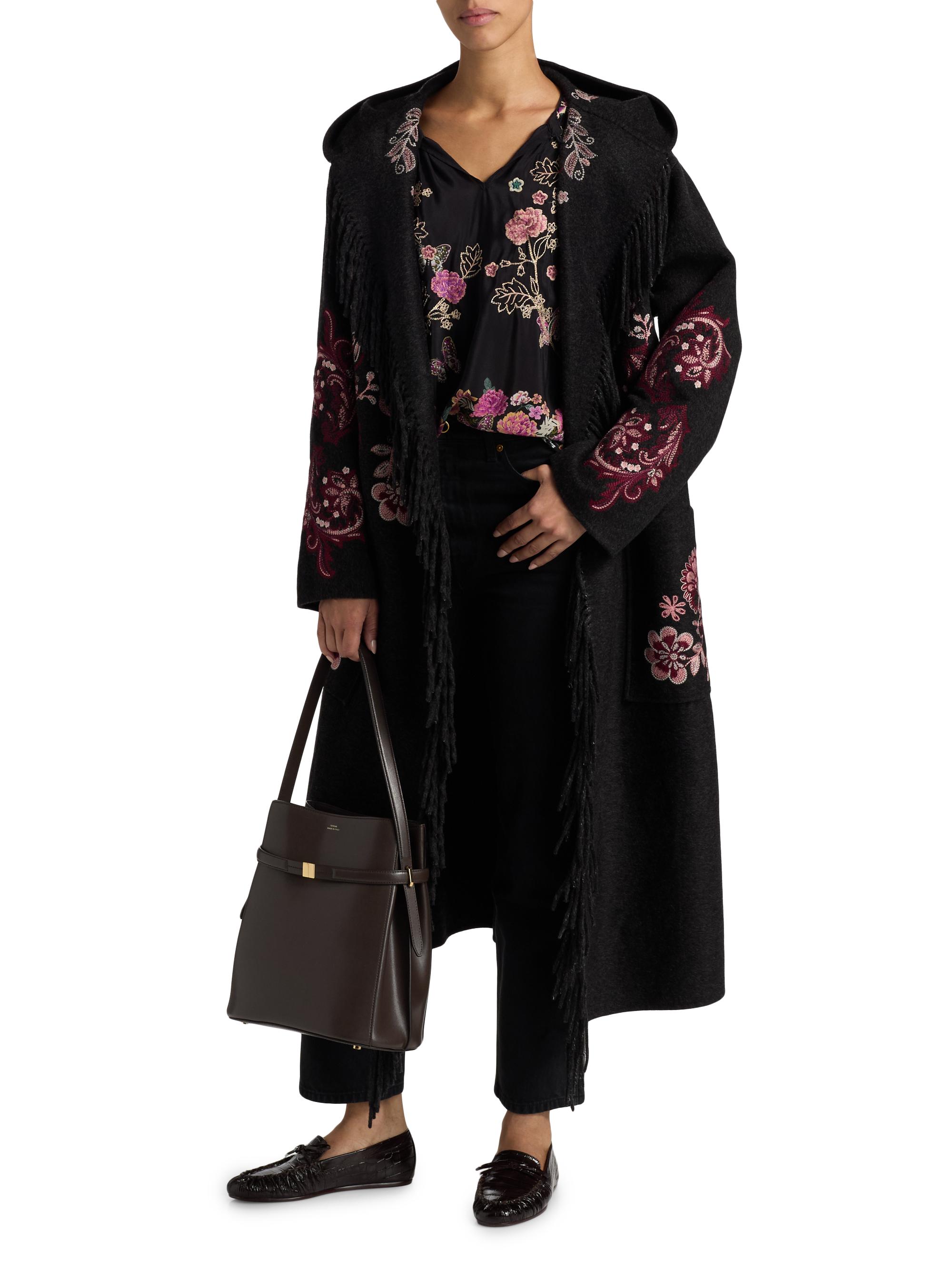 Johnny Was Chelli Floral-Embroidered Wool-Blend Fringe Coat | Saks