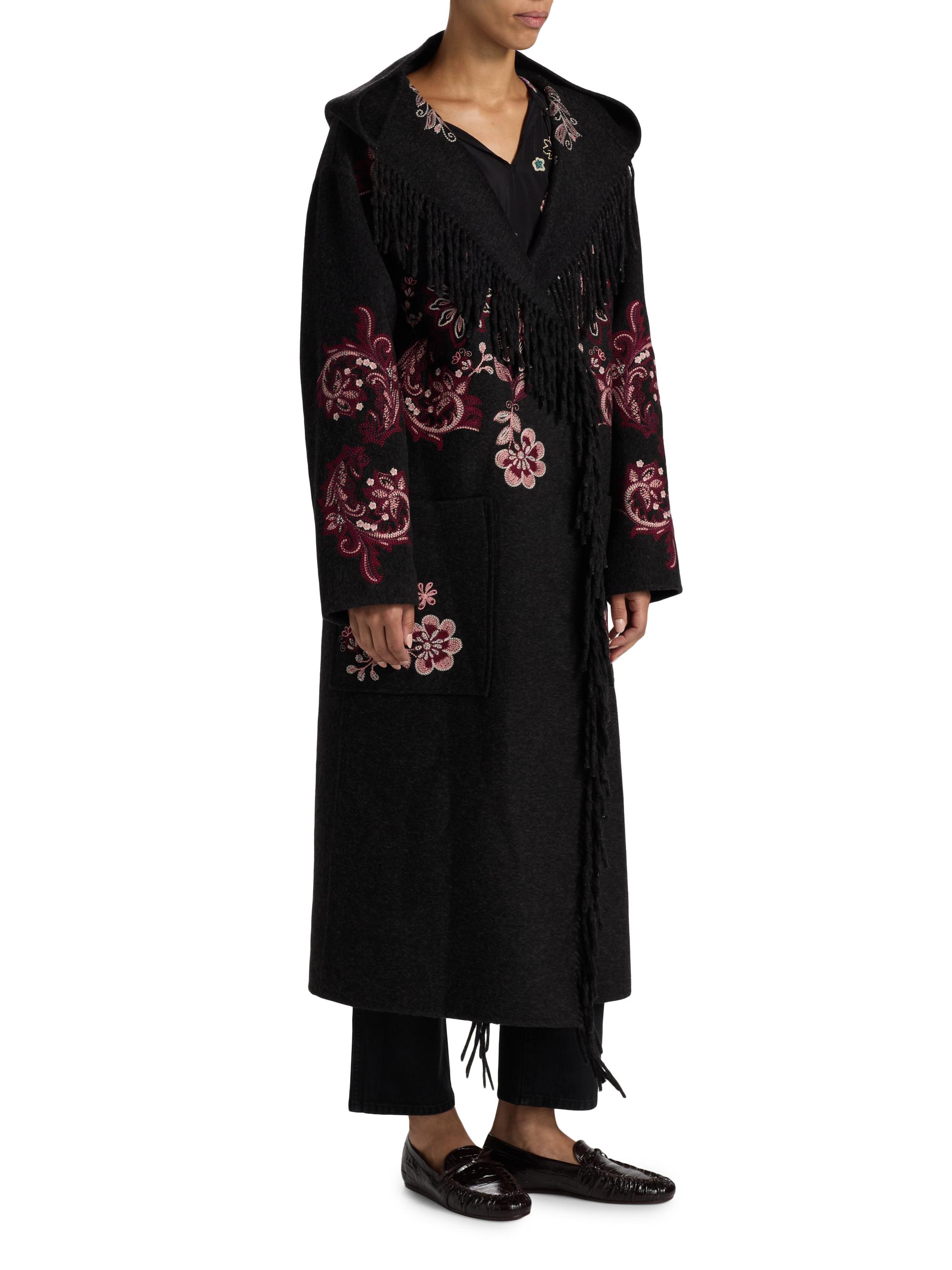 Johnny Was Chelli Floral-Embroidered Wool-Blend Fringe Coat | Saks