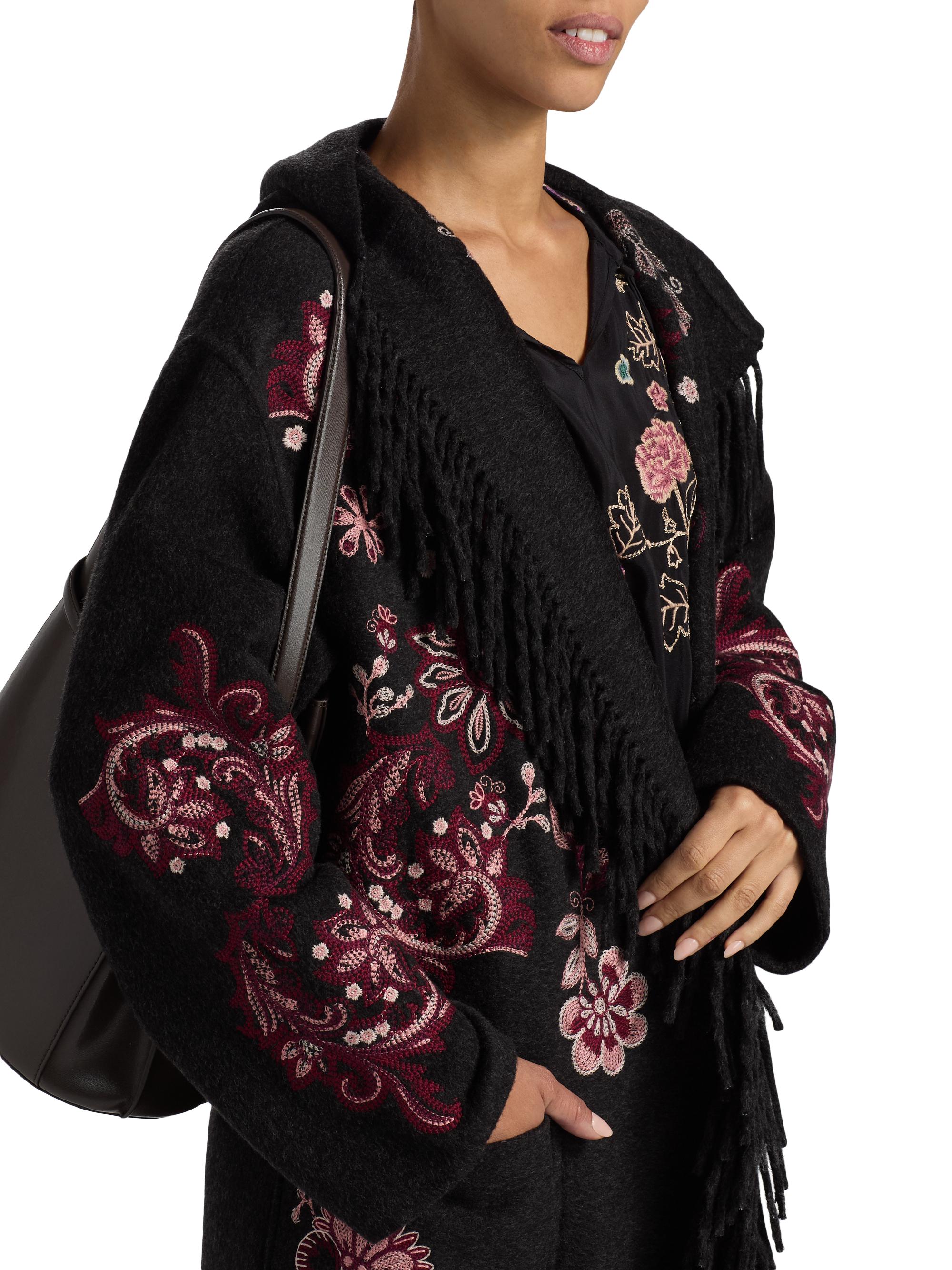 Johnny Was Chelli Floral-Embroidered Wool-Blend Fringe Coat | Saks