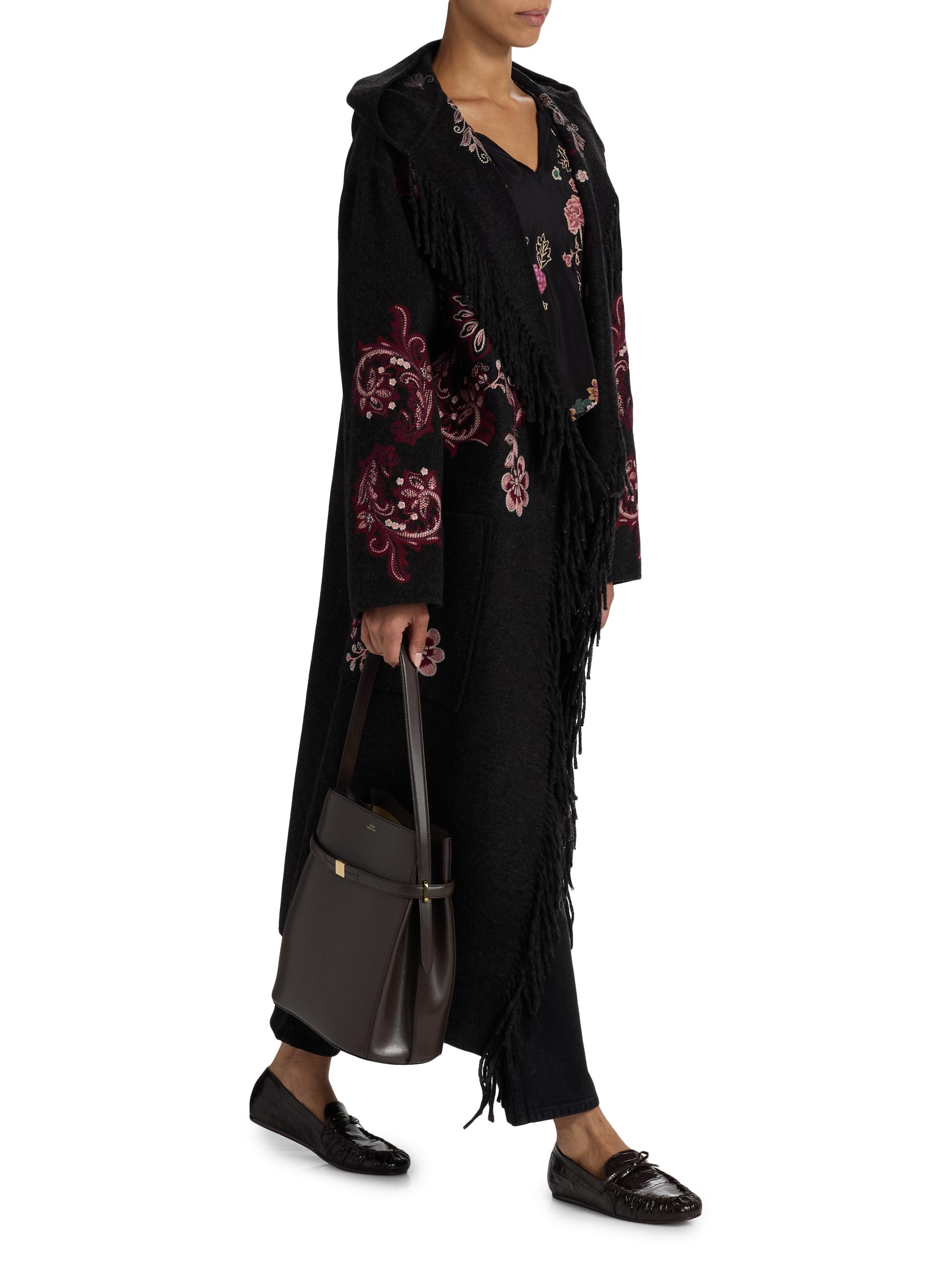 Johnny Was Chelli Floral-Embroidered Wool-Blend Fringe Coat | Saks