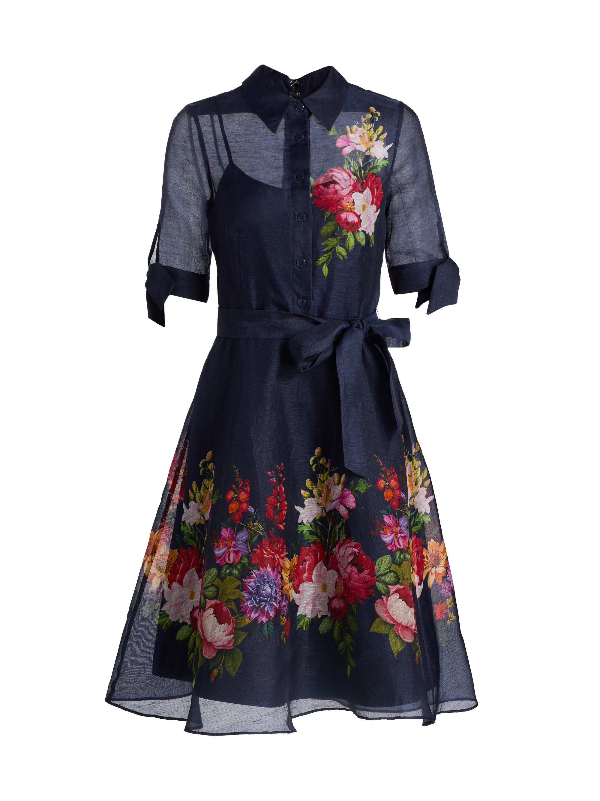 Teri Jon by Rickie Freeman Women's Floral Linen-Silk Knee-Length Shirtdress - Navy Multi