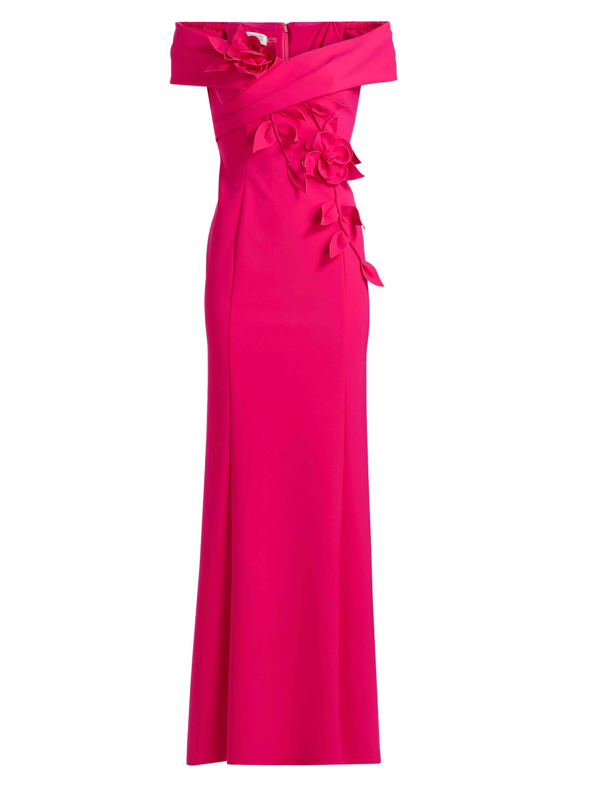 Teri Jon by Rickie Freeman Women's Scuba Flower Off-The-Shoulder Gown - Hot Pink