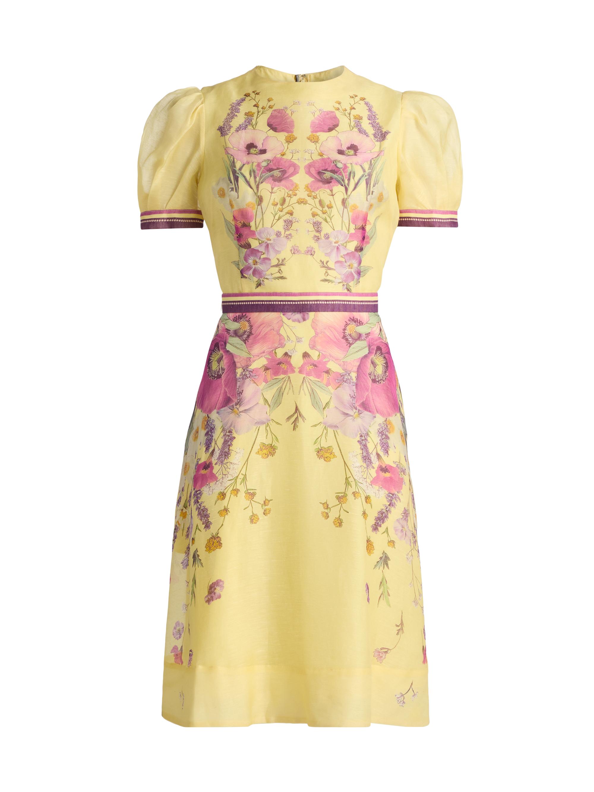 Teri Jon by Rickie Freeman Women's Floral Silk-Linen Knee-Length Dress - Yellow Multi