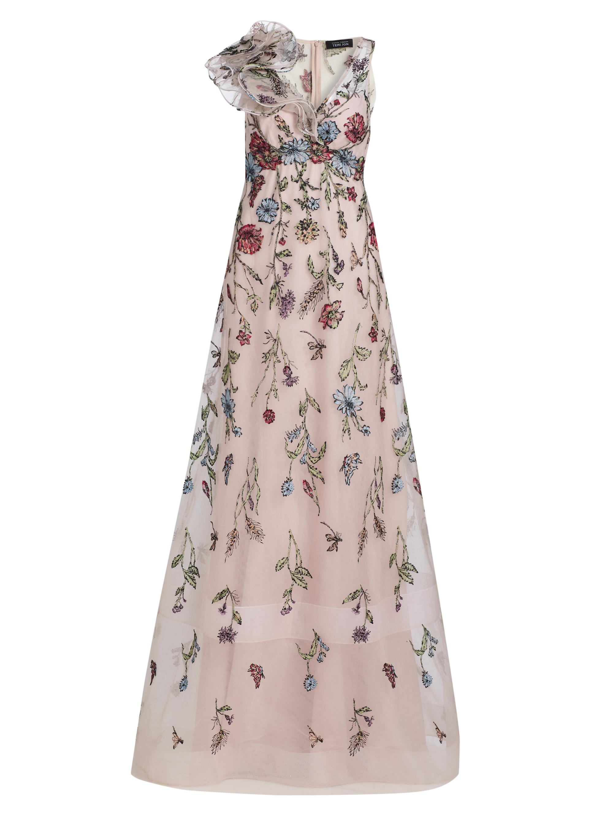 Teri Jon by Rickie Freeman Women's Embroidered Tulle Self Flower Gown - Blush Multi