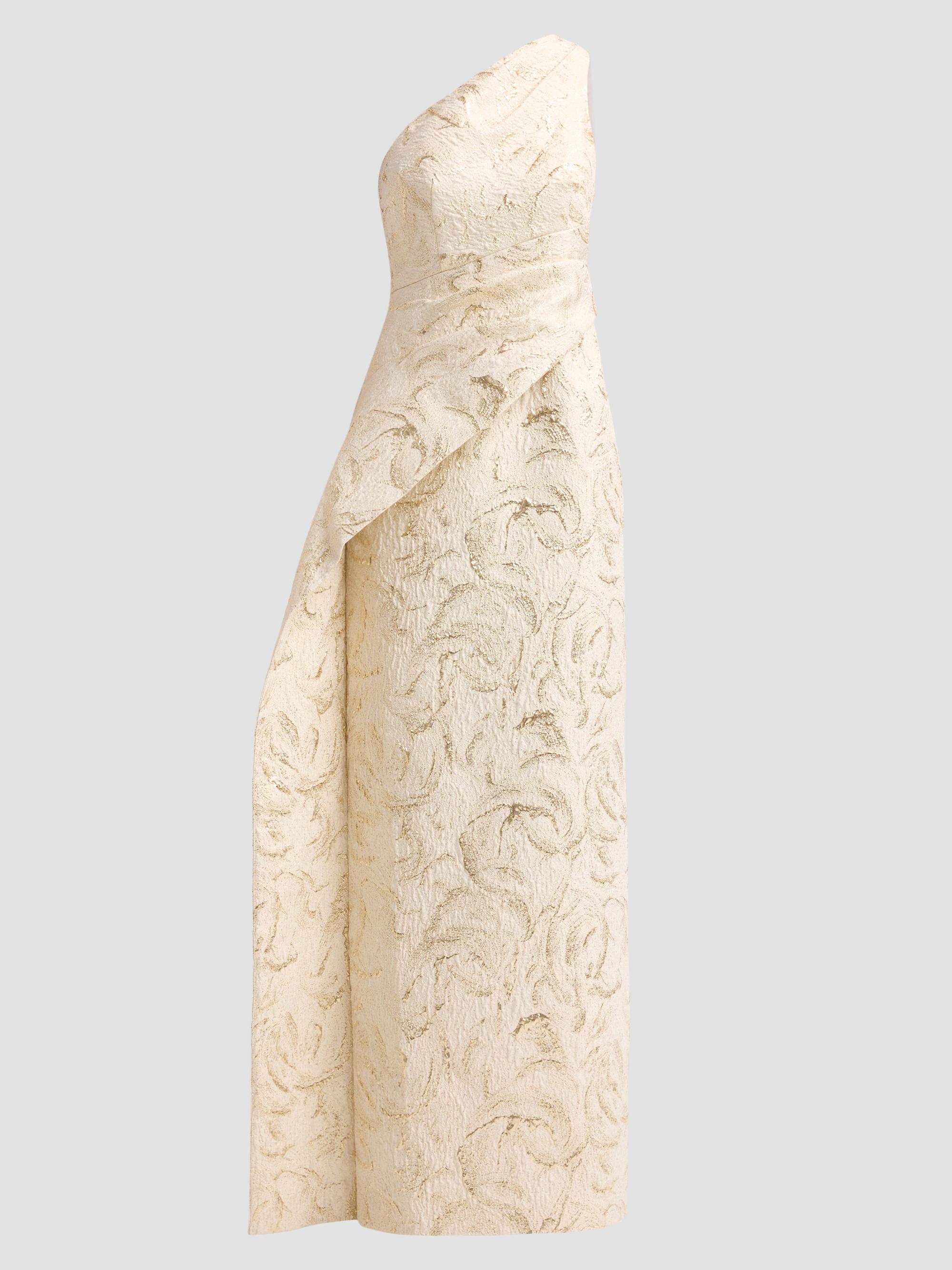teri jon asymmetrical peplum dress Teri Jon Metallic Jacquard One Shoulder Gown - Champagne Multi