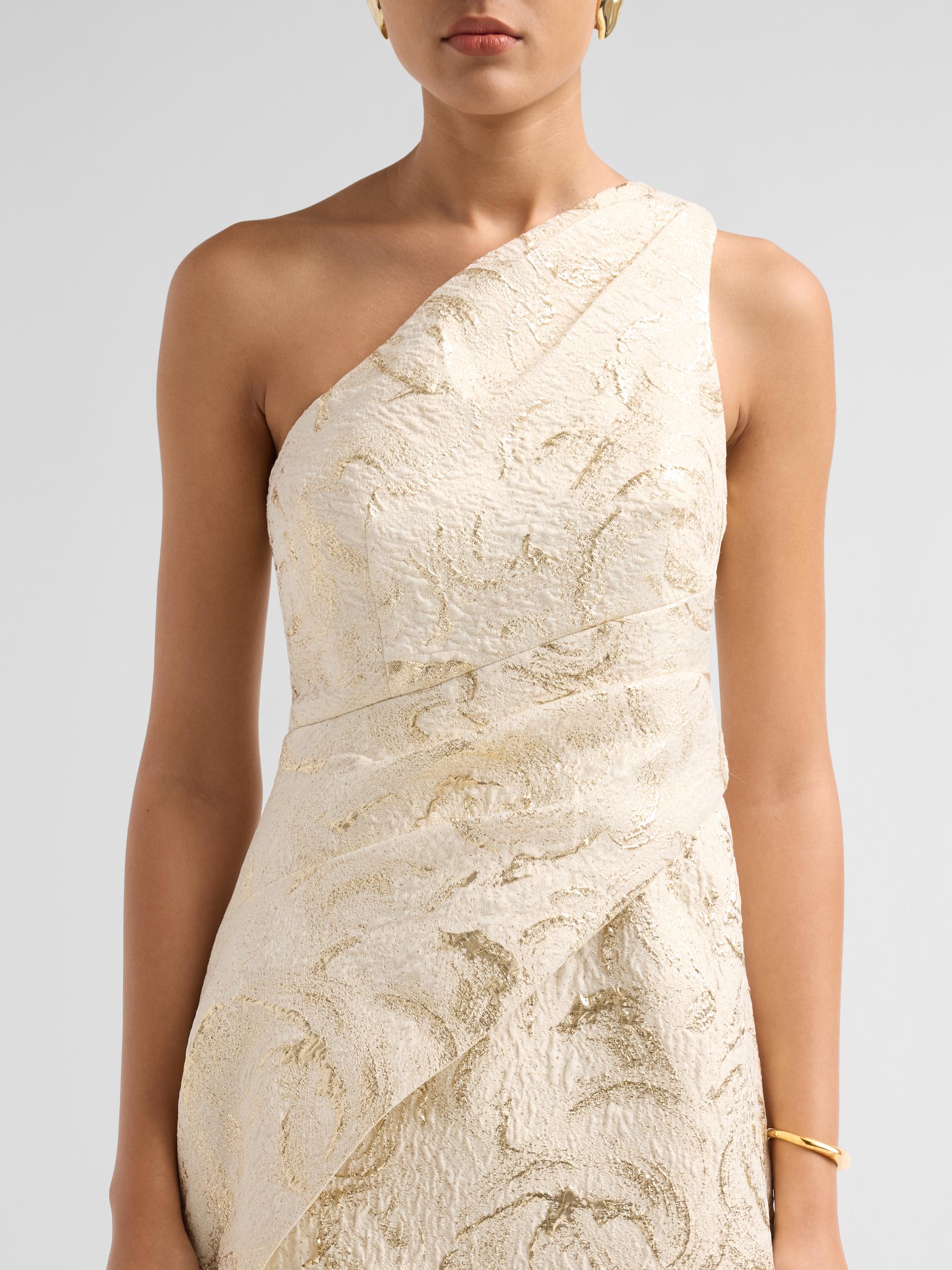 teri jon asymmetrical peplum dress Teri Jon Metallic Jacquard One Shoulder Gown - Champagne Multi