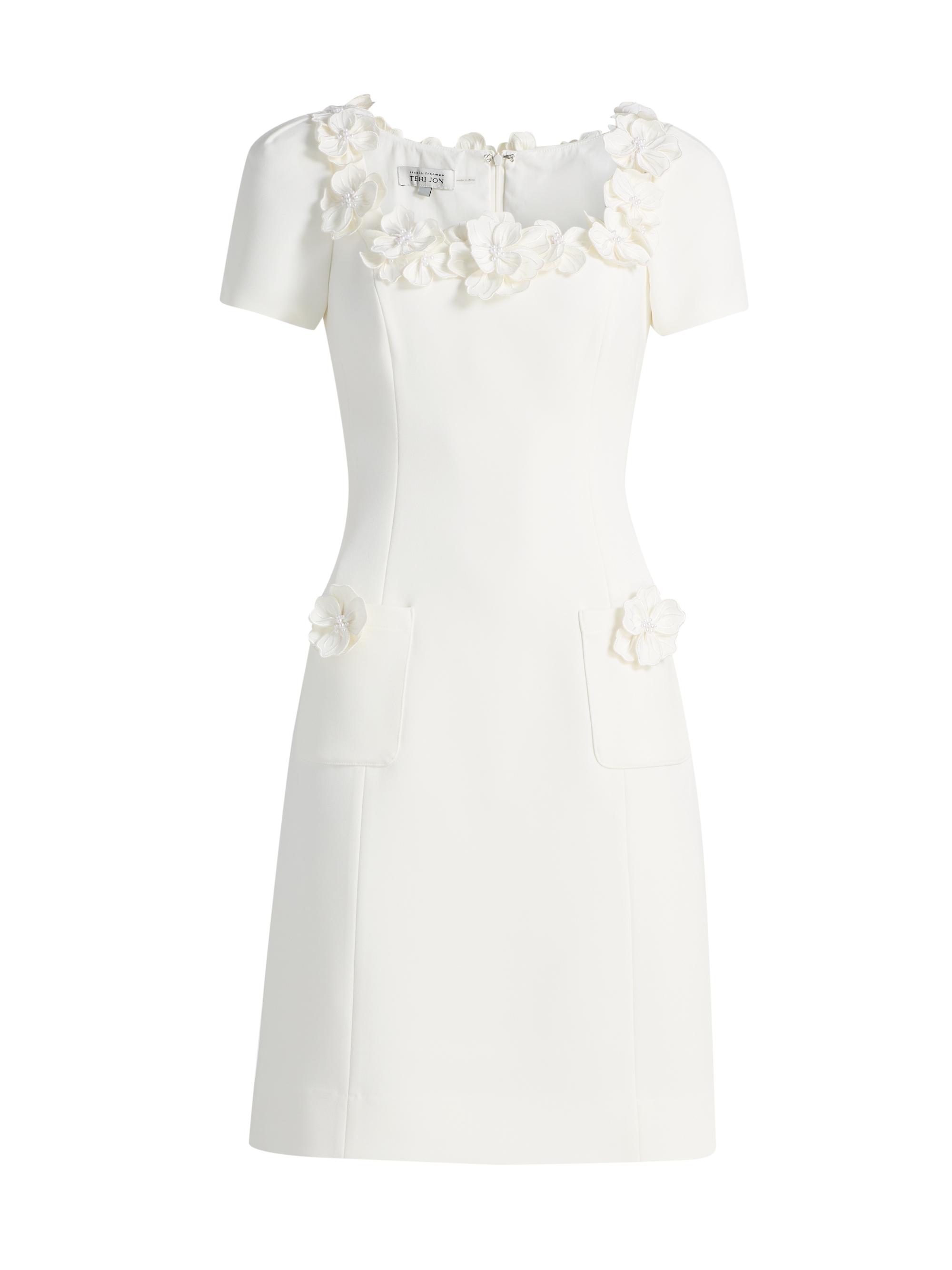 Teri Jon by Rickie Freeman Women's Crepe 3D Flower Imitation Pearl-Trim Minidress - White