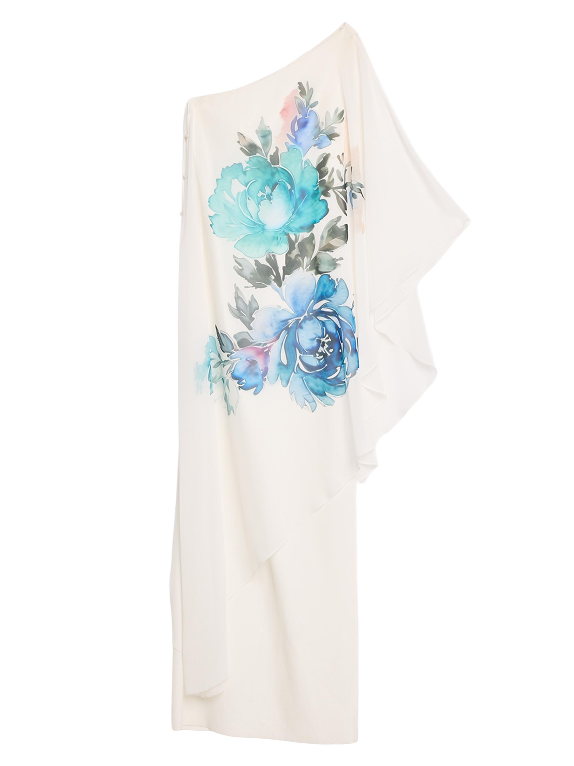 Teri Jon by Rickie Freeman Women's Floral Chiffon Crepe-Overlay One-Shoulder Cape Gown - White Multi