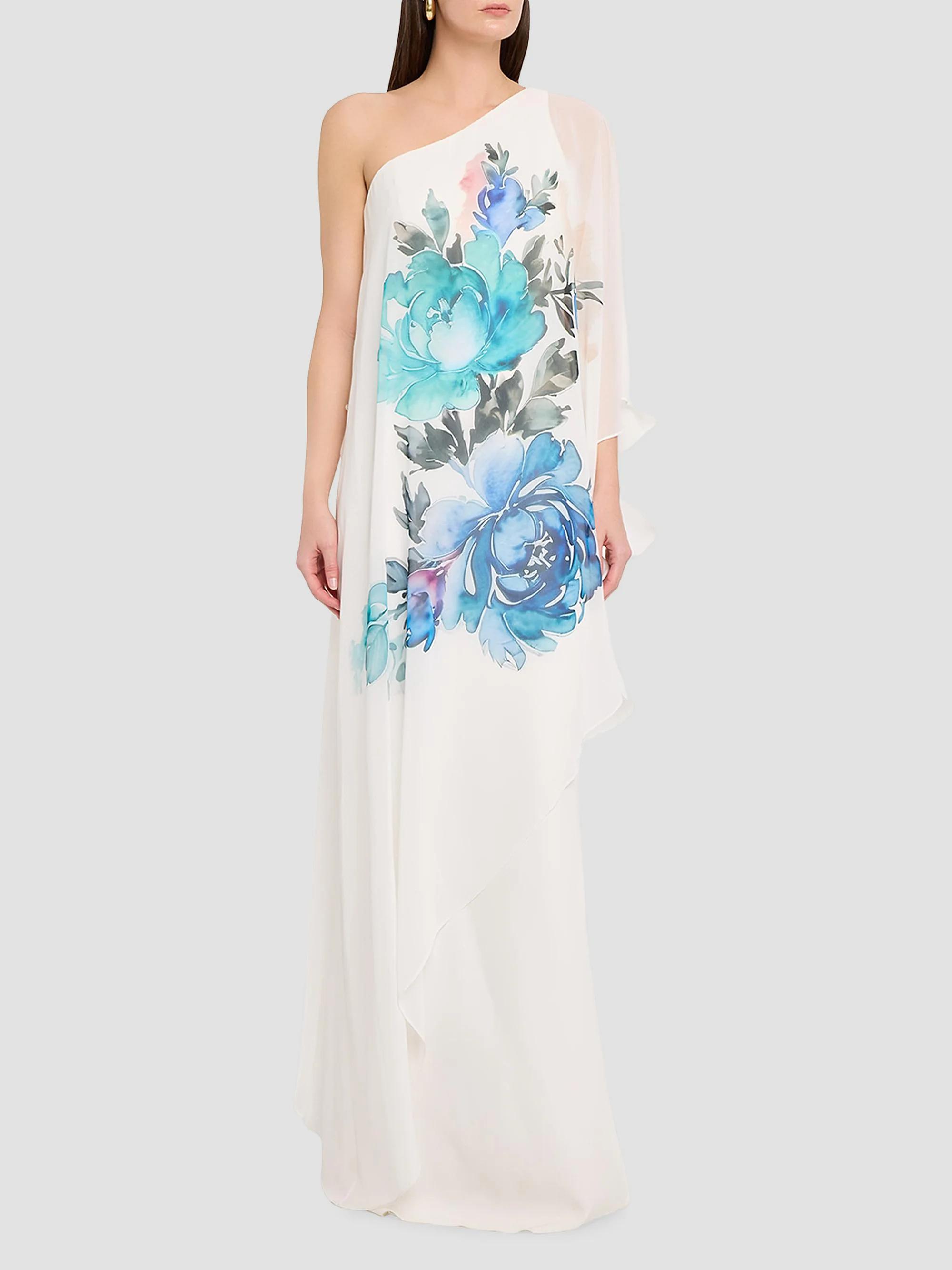 Teri Jon One Shoulder Column Gown - White Multi