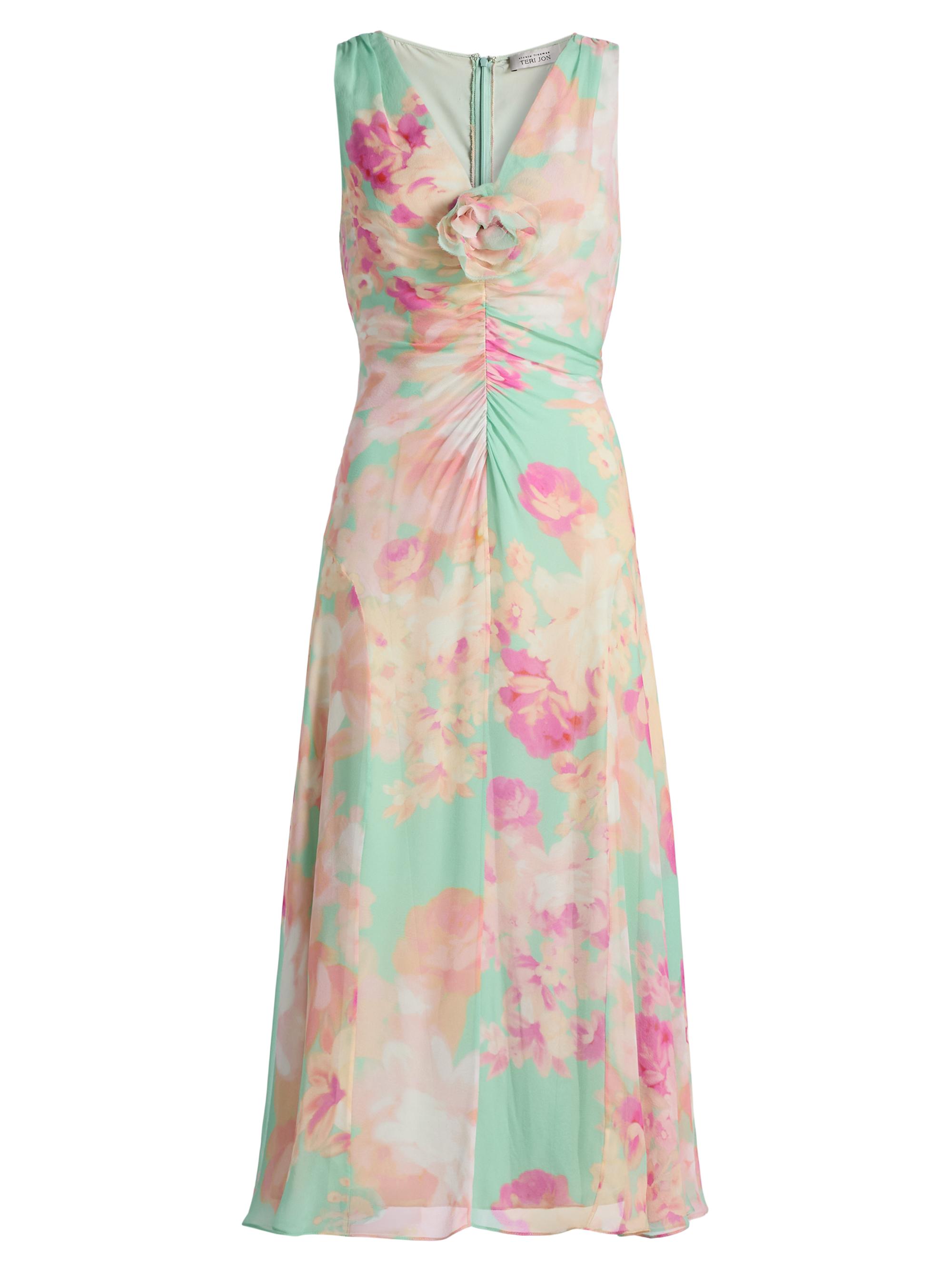 Teri Jon by Rickie Freeman Women's Floral Silk Chiffon Ruched-Front Midi-Dress - Mint Multi