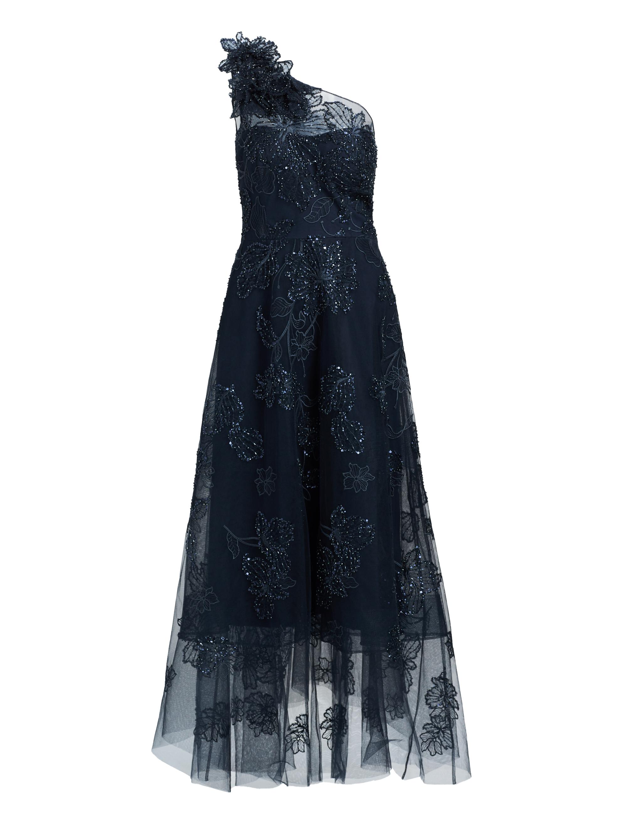 Teri Jon by Rickie Freeman Women's Flower Embellished One-Shoulder Tea-Length Dress - Navy