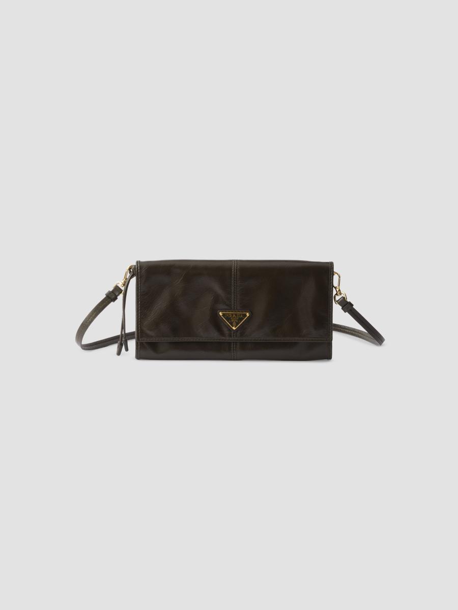 Prada Women's Leather Wallet With Shoulder Strap In Dark Green