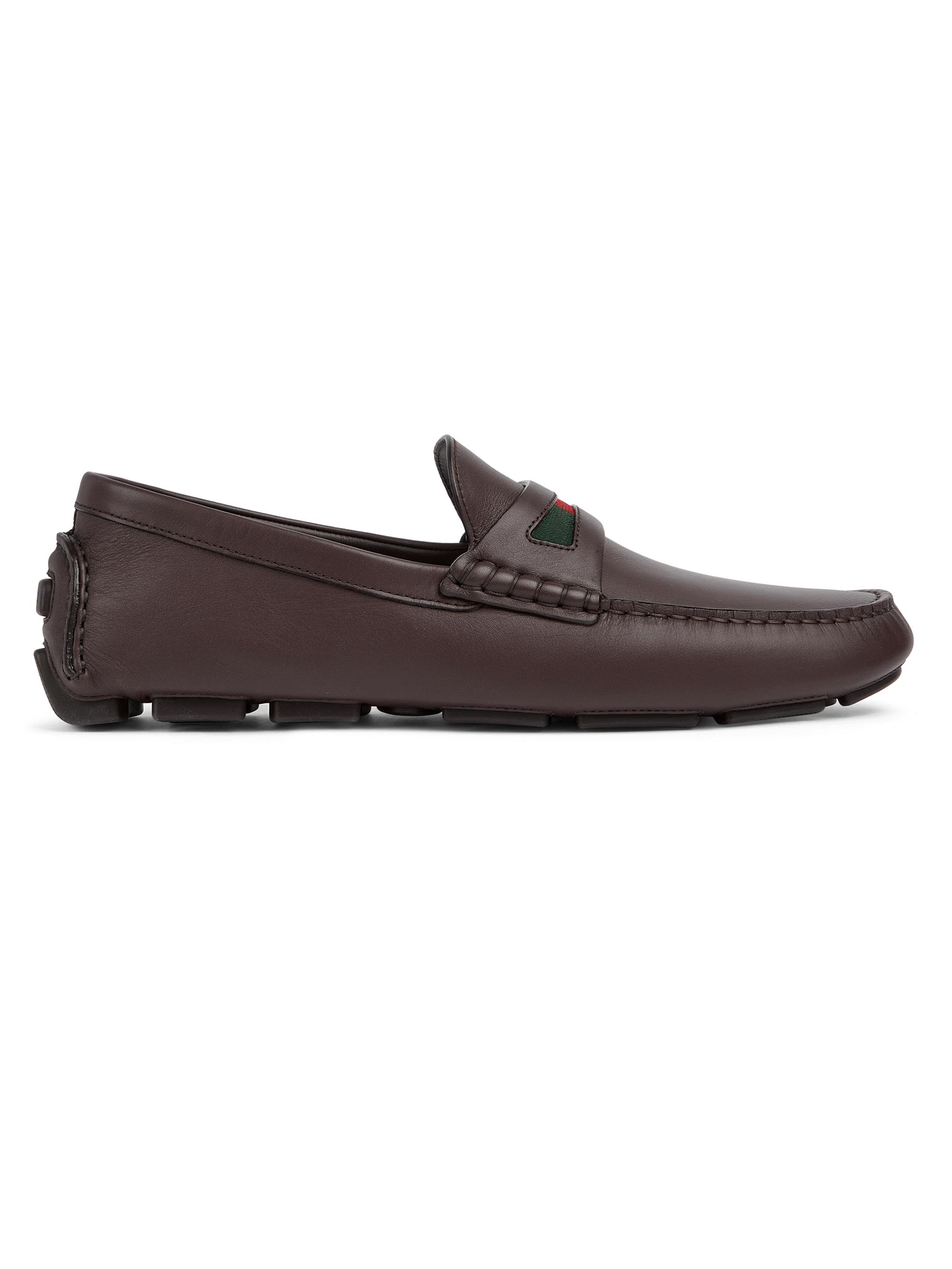 Gucci Men's Embroidered Web Leather Driving Loafers - Dark Brown